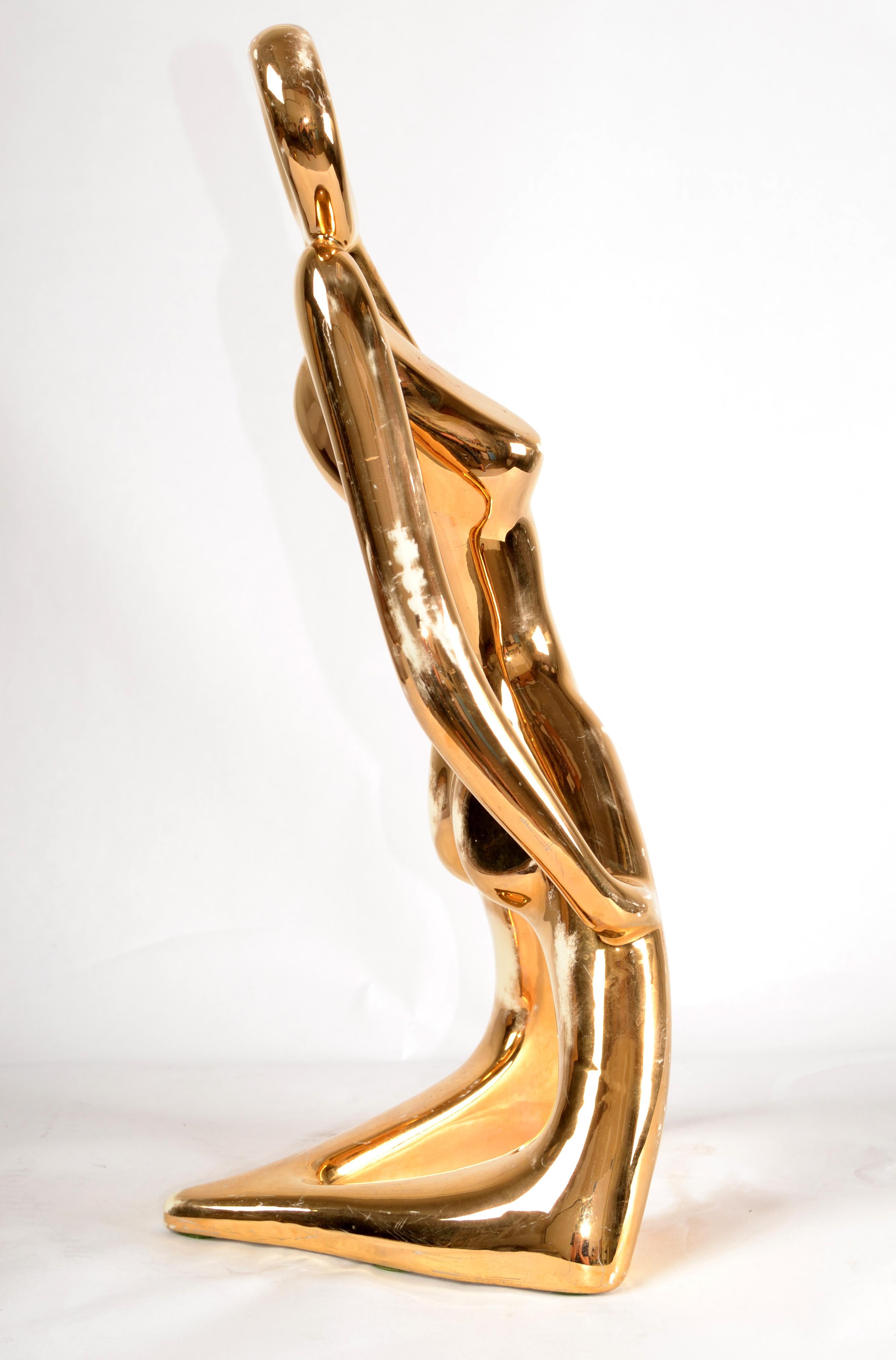 American 1986 Bohemian Jaru Cubist Nude Ceramic Woman Sculpture Distressed Gold Finish For Sale