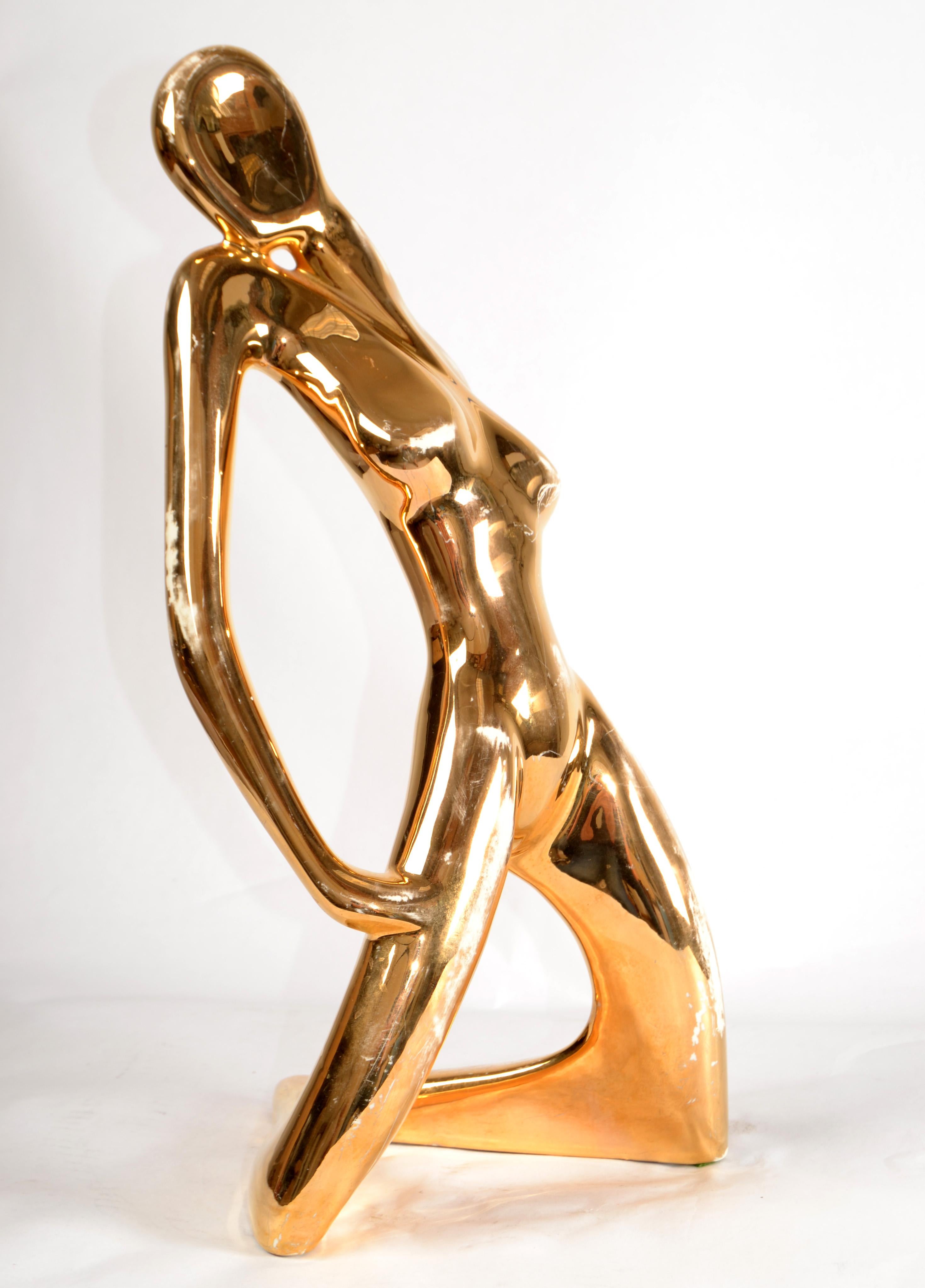 Cast 1986 Bohemian Jaru Cubist Nude Ceramic Woman Sculpture Distressed Gold Finish For Sale