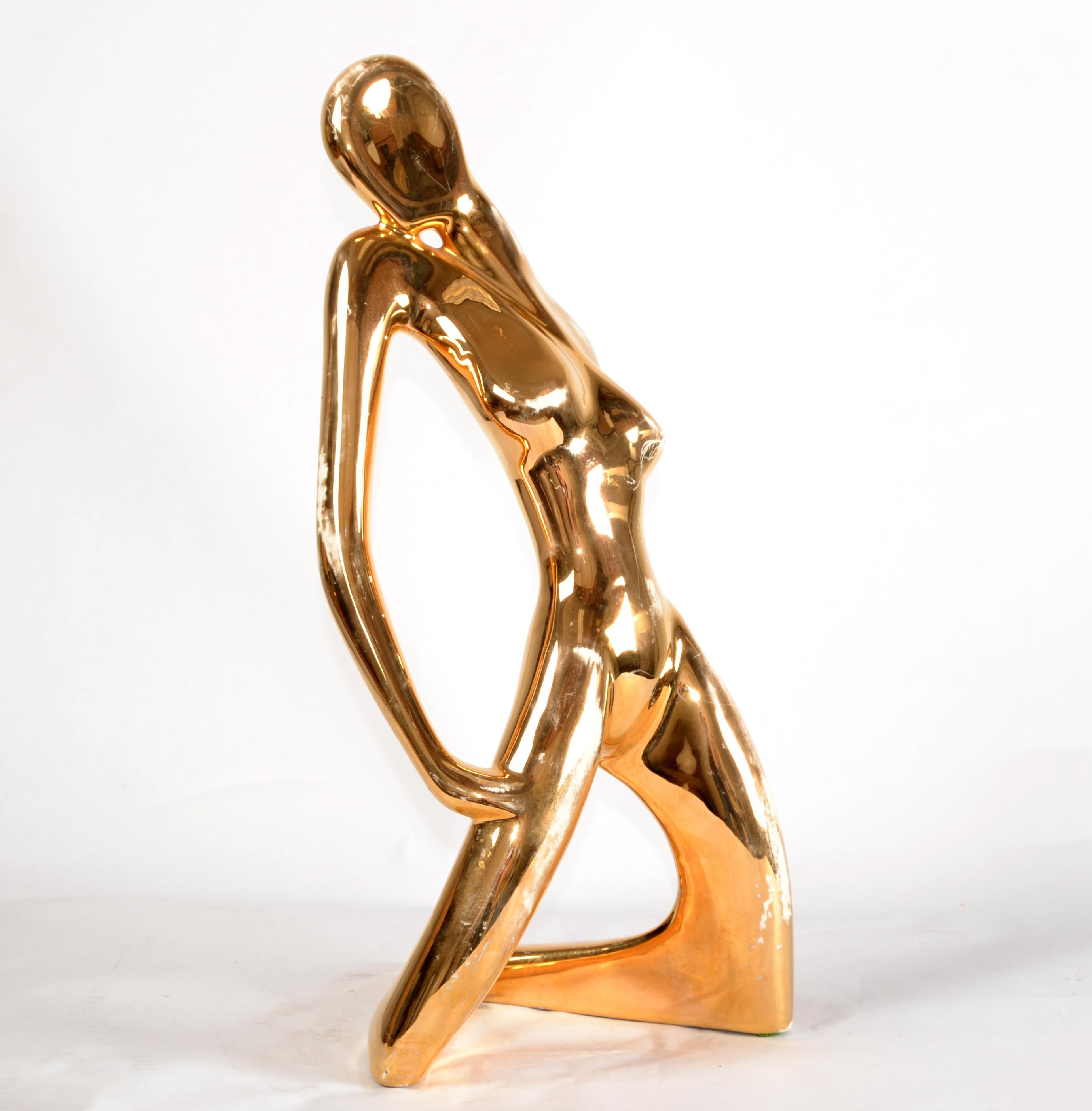 1986 Bohemian Jaru Cubist Nude Ceramic Woman Sculpture Distressed Gold Finish In Distressed Condition For Sale In Miami, FL