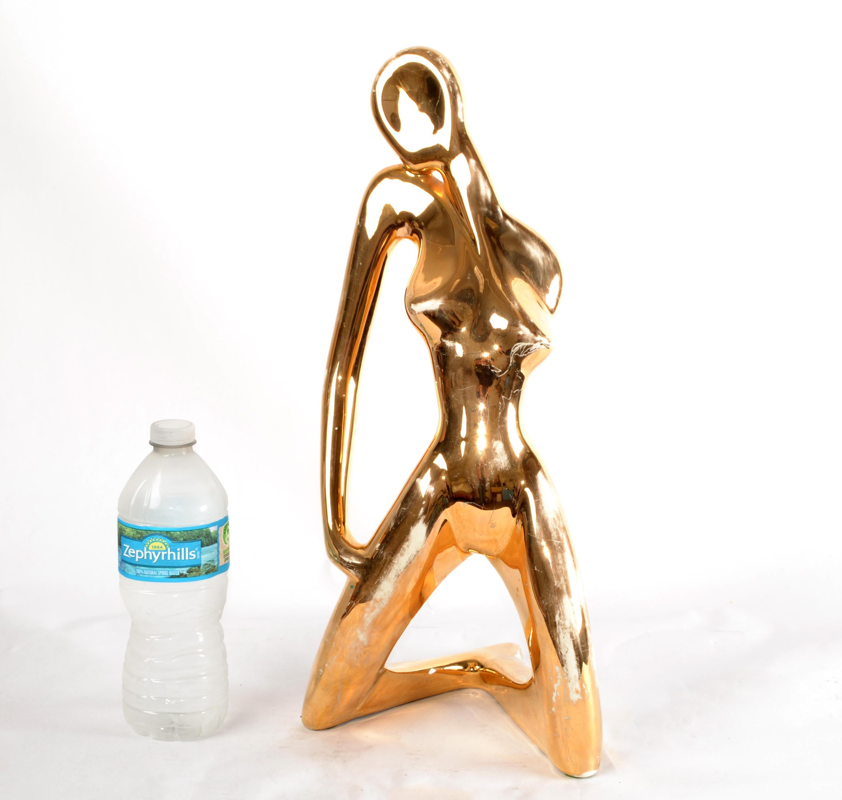 1986 Bohemian Jaru Cubist Nude Ceramic Woman Sculpture Distressed Gold Finish For Sale 2