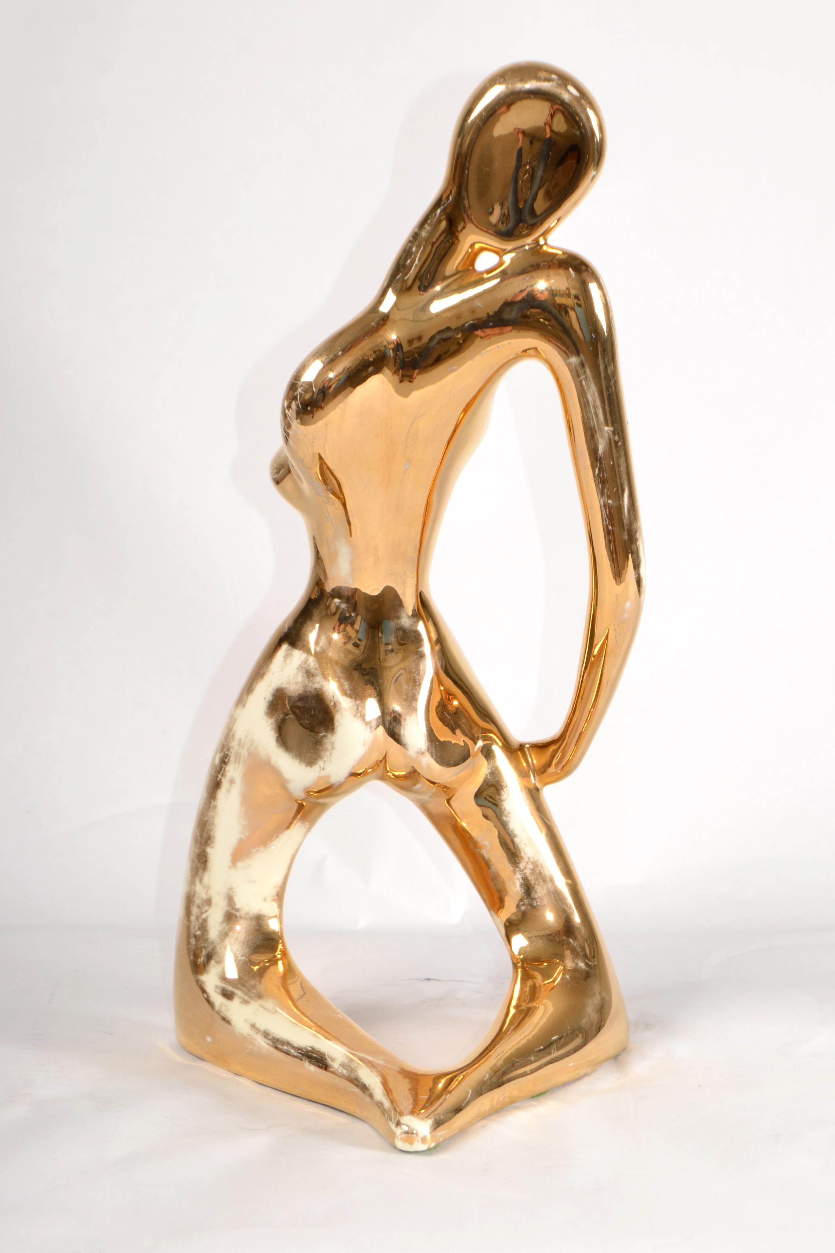 1986 Bohemian Jaru Cubist Nude Ceramic Woman Sculpture Distressed Gold Finish For Sale 3