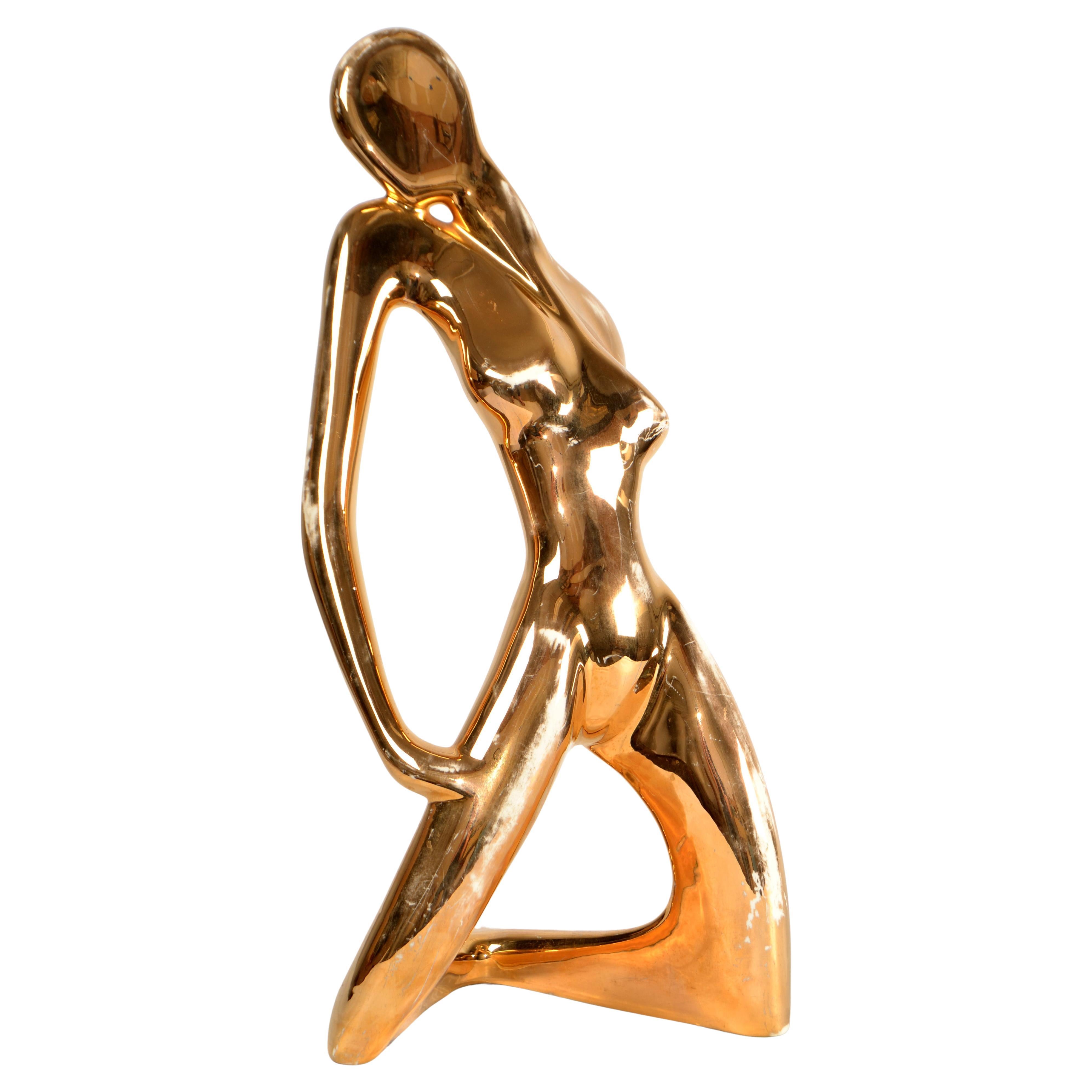 1986 Bohemian Jaru Cubist Nude Ceramic Woman Sculpture Distressed Gold Finish
