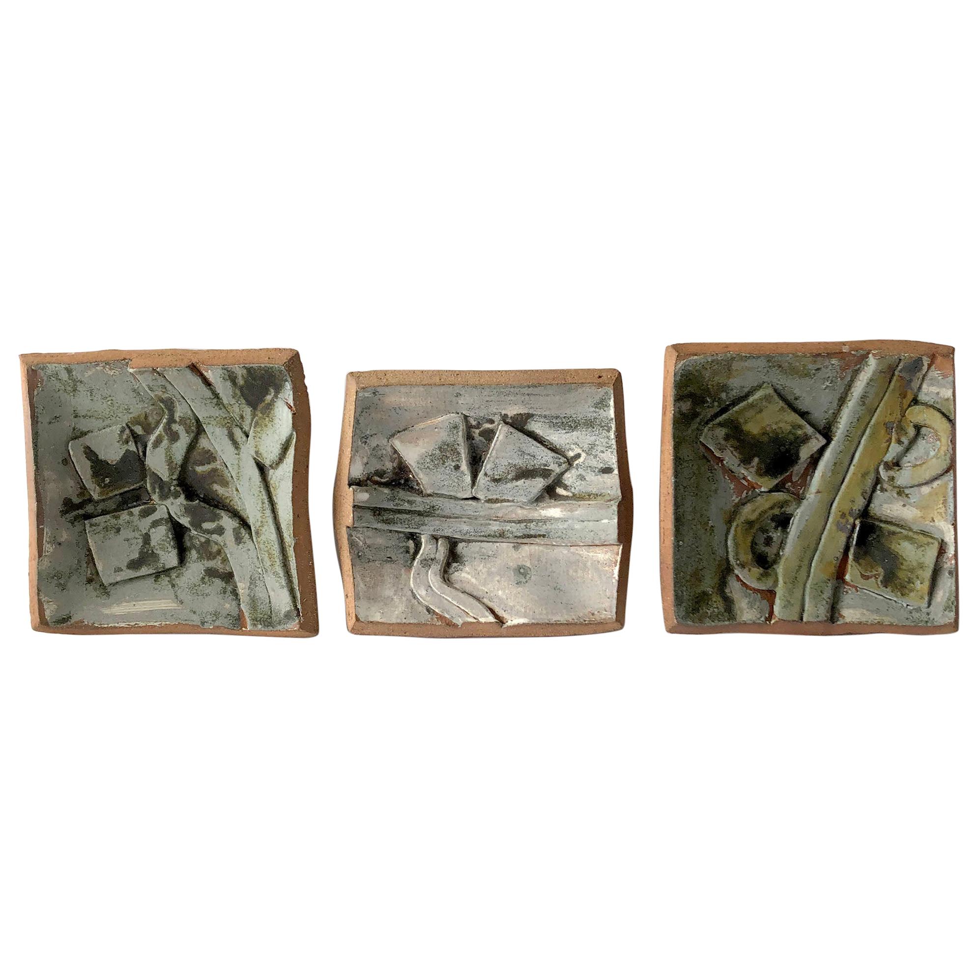 1986 California Studio Abstract Stoneware Pottery Wall Tryptic