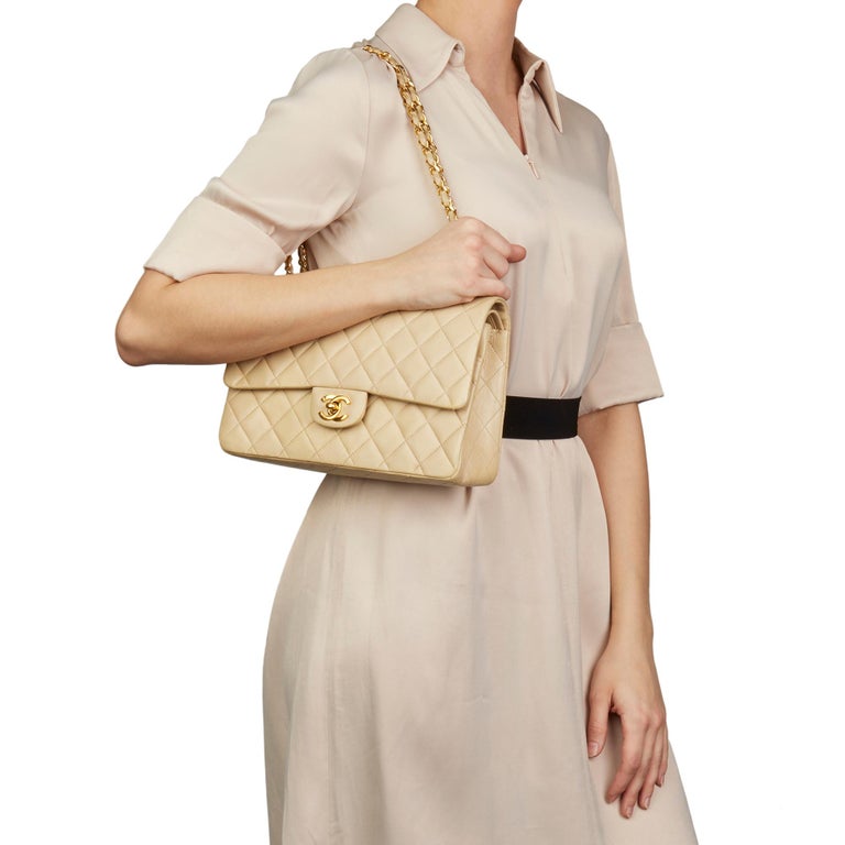 1986 Chanel Beige Quilted Lambskin Vintage Classic Double Flap Bag at 1stDibs