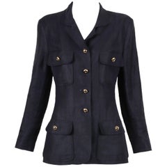 1986 Chanel Black Linen Blazer Jacket w/Black & Gold CC Logo Buttons