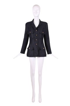 1986 Chanel Black Linen Blazer Jacket w/Black & Gold CC Logo Buttons