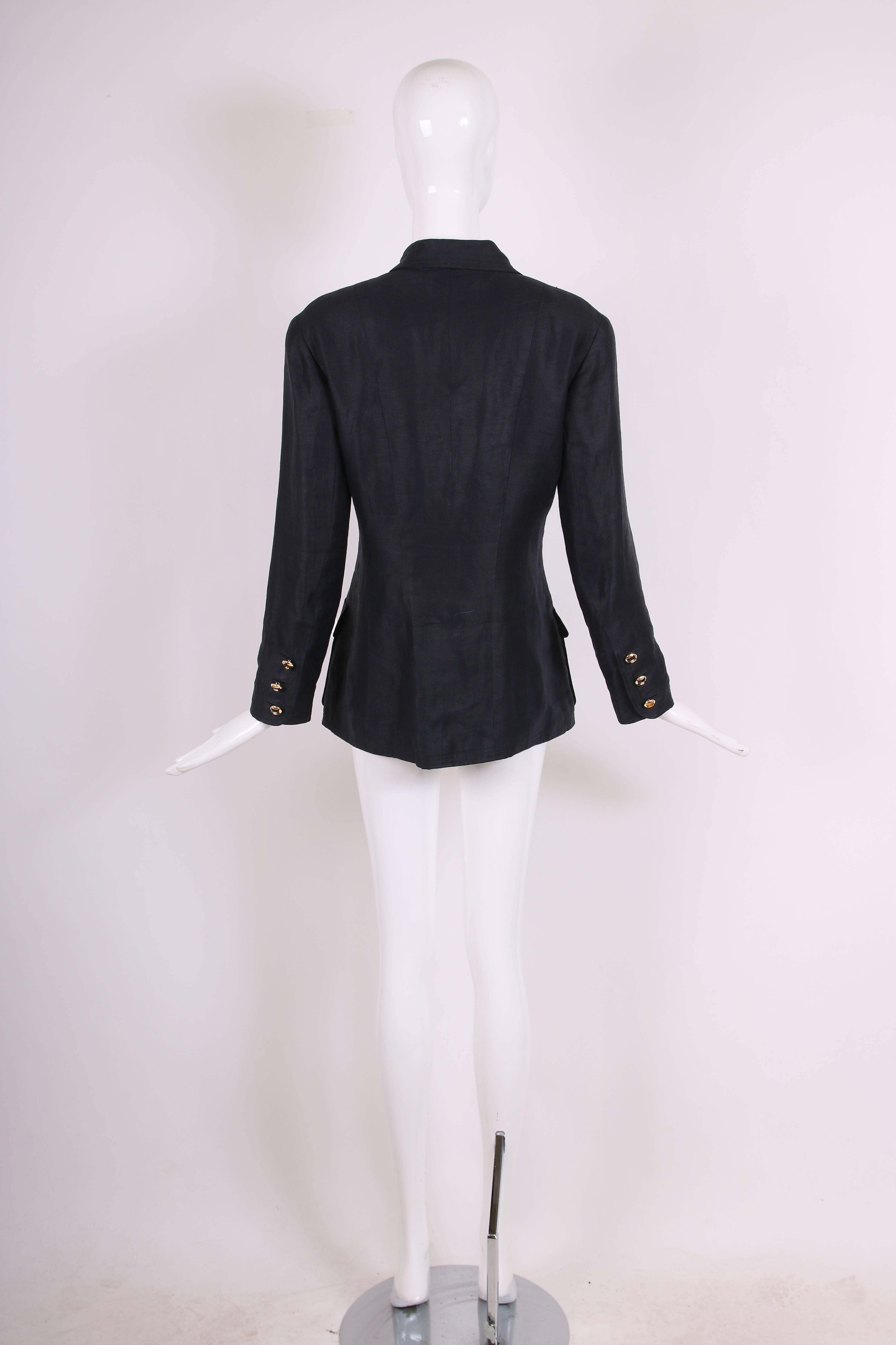 1986 Chanel Black Linen Blazer Jacket w/Black & Gold CC Logo Buttons In Excellent Condition In Studio City, CA