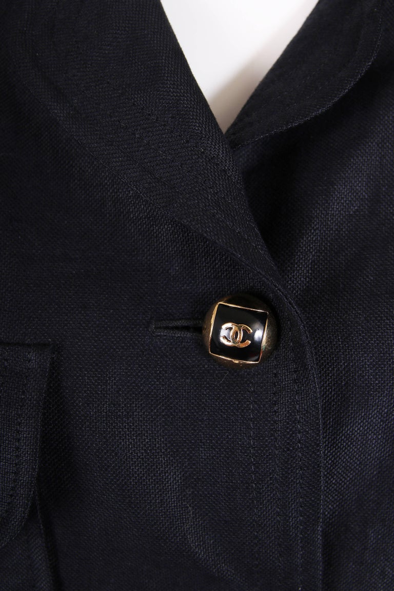 1986 Chanel Black Linen Blazer Jacket w/Black and Gold CC Logo Buttons ...