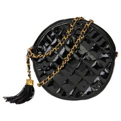 1986 Chanel Black Patent Leather Vintage Round Fringe Shoulder Bag