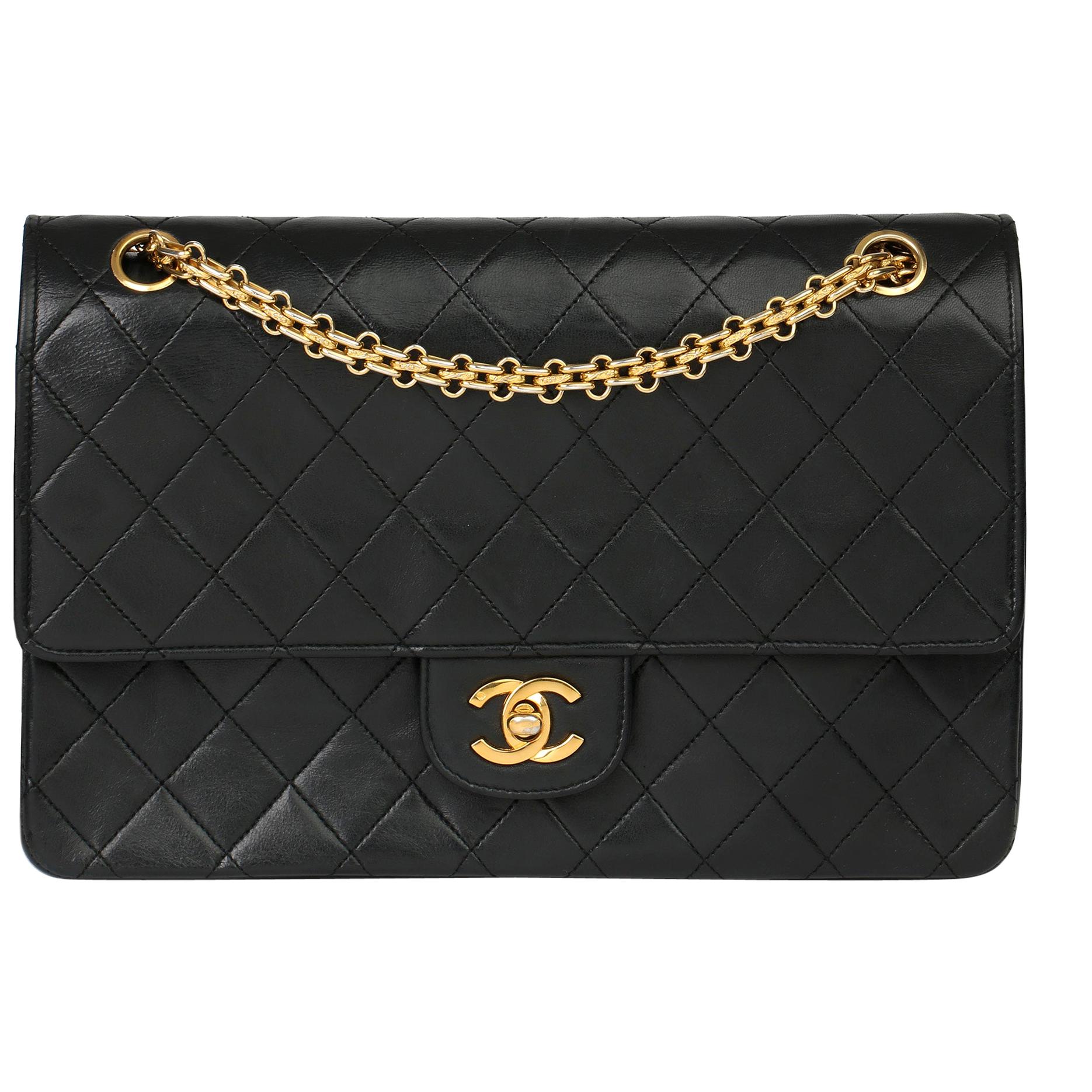 1986 Chanel Black Quilted Lambskin Vintage Classic Double Flap Bag  