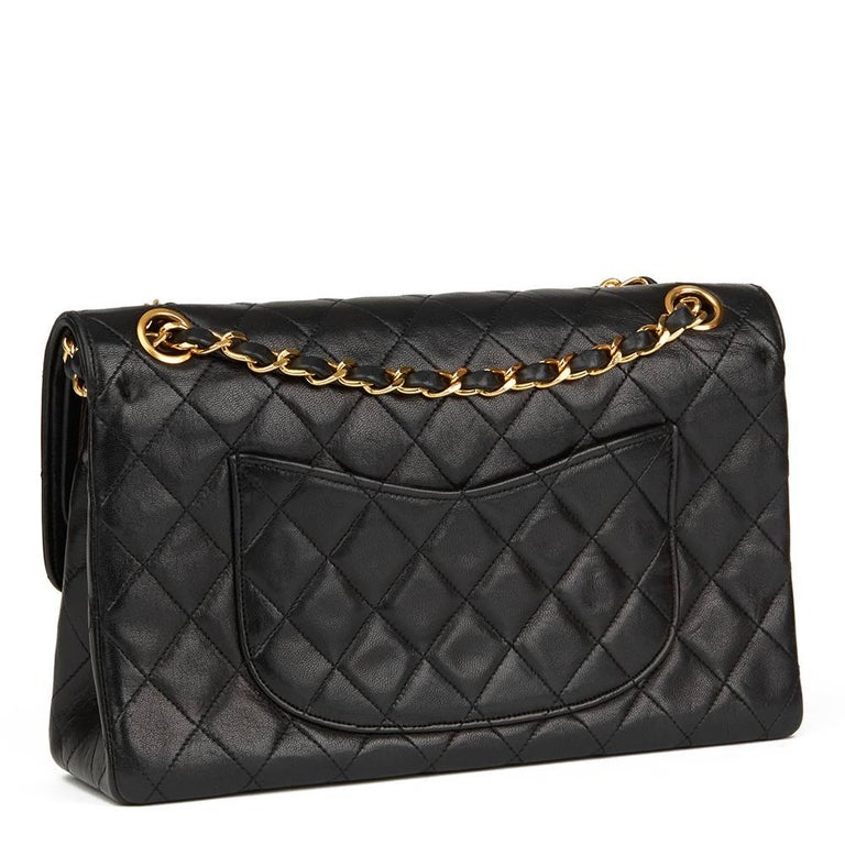 1986 Chanel Black Quilted Lambskin Vintage Medium Classic Double