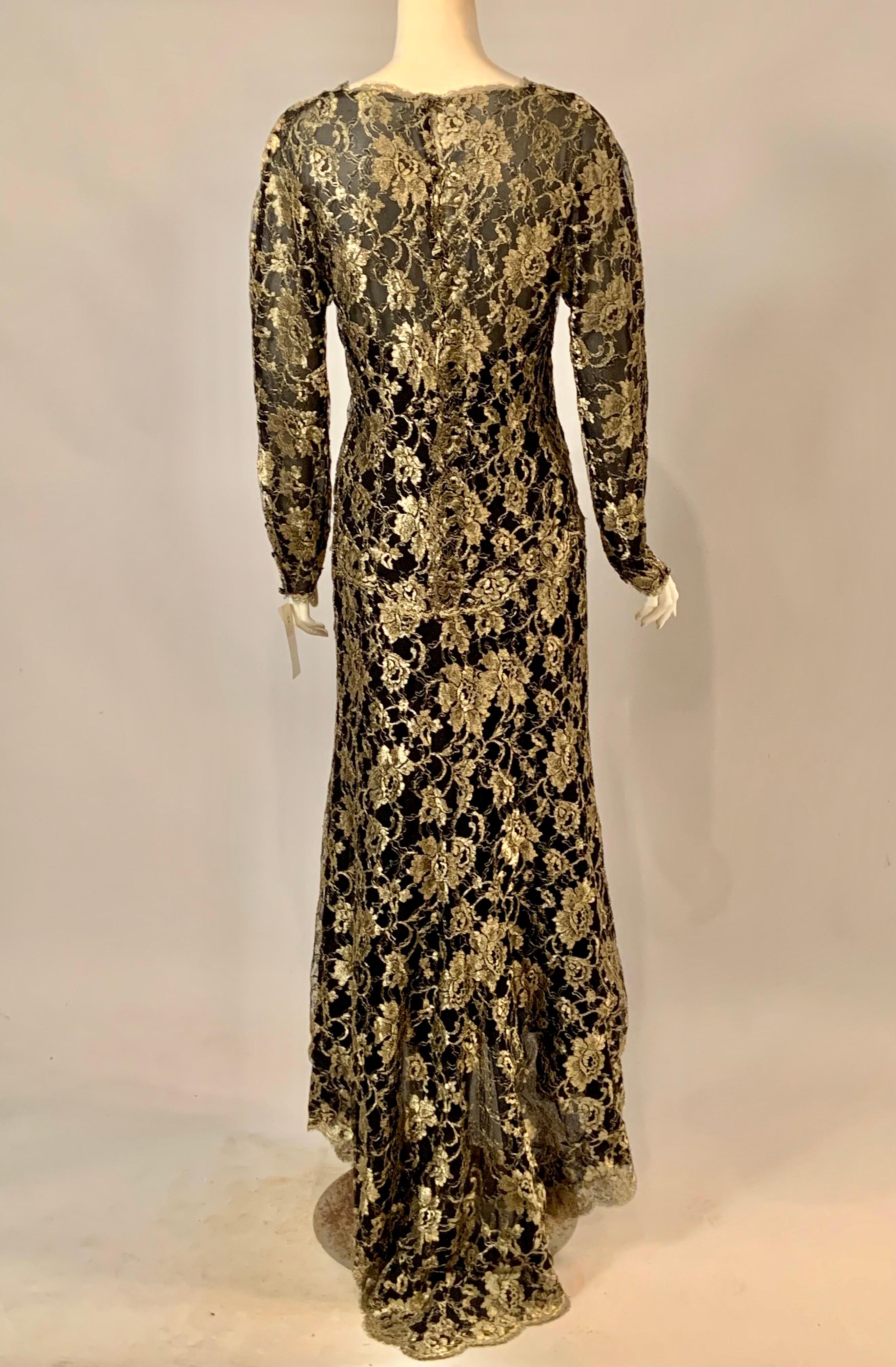 1986 Chanel by Karl Lagerfeld Gold and Black Lace Gown with Train Original Tag For Sale 4