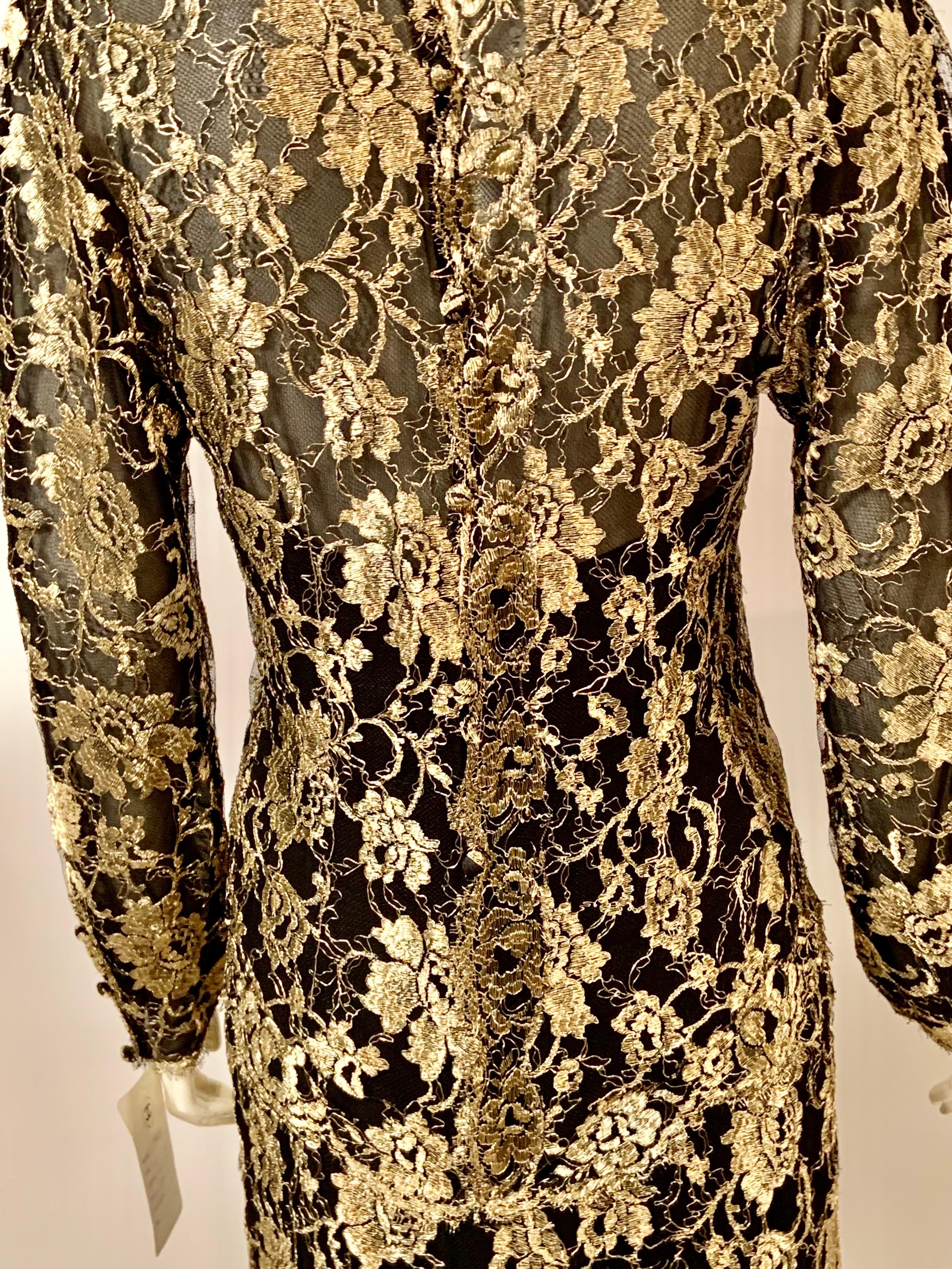 1986 Chanel by Karl Lagerfeld Gold and Black Lace Gown with Train Original Tag For Sale 8