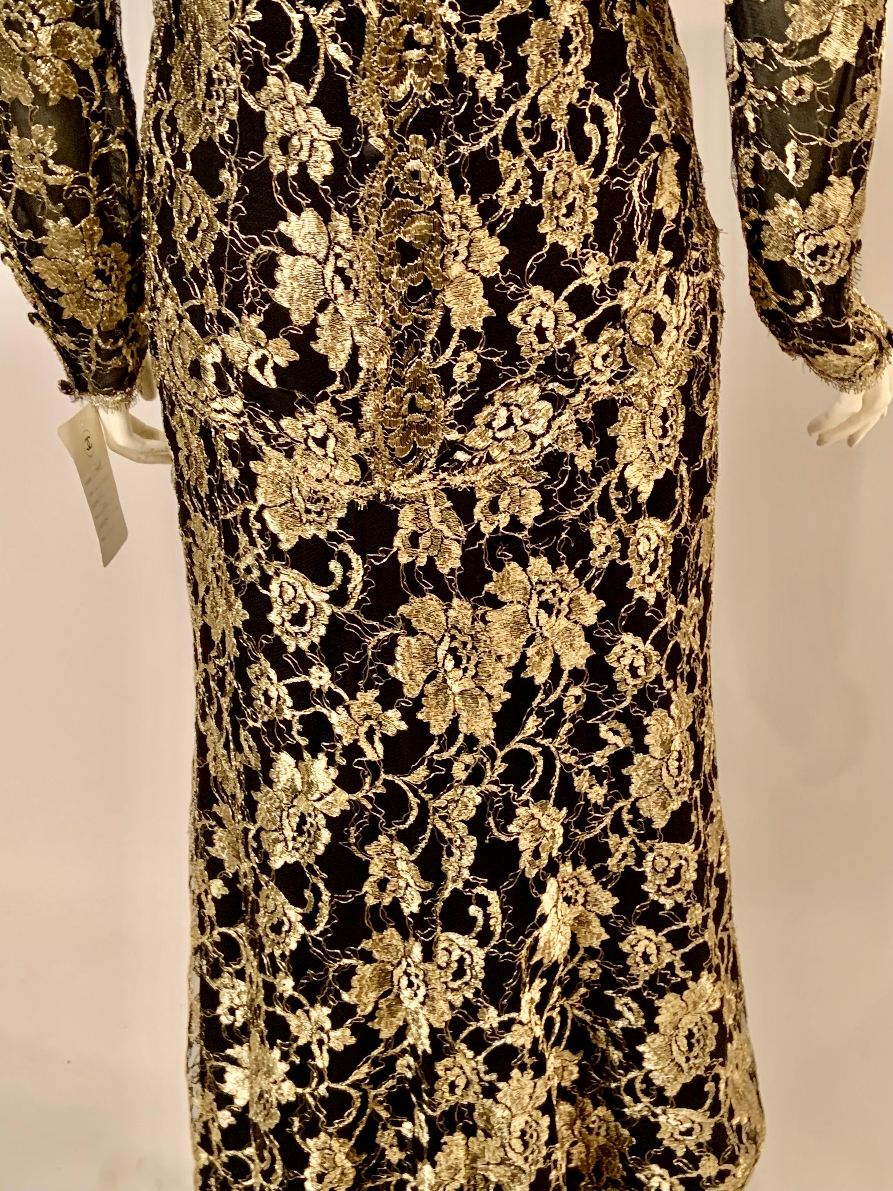 1986 Chanel by Karl Lagerfeld Gold and Black Lace Gown with Train Original Tag For Sale 9