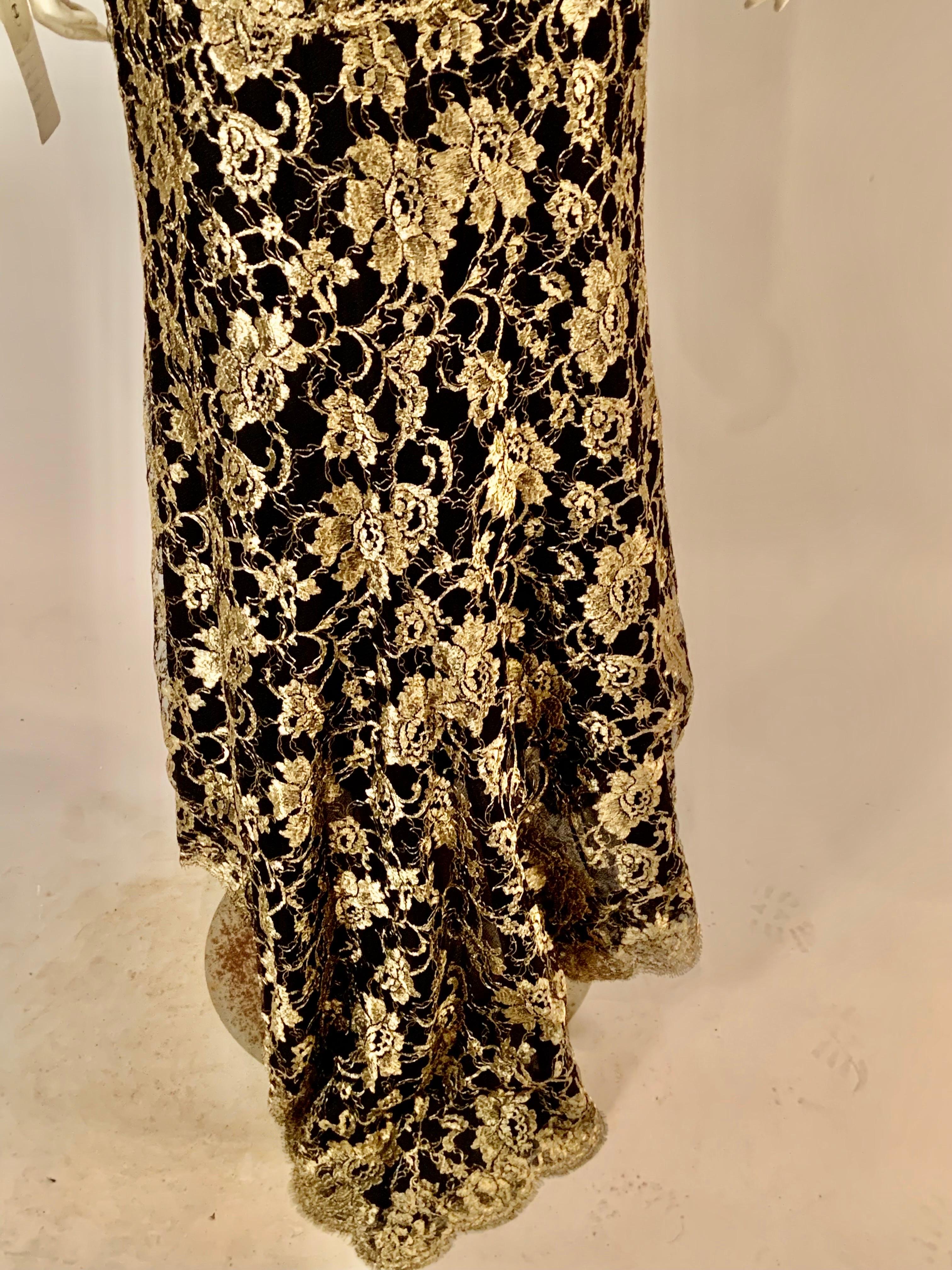 1986 Chanel by Karl Lagerfeld Gold and Black Lace Gown with Train Original Tag For Sale 9