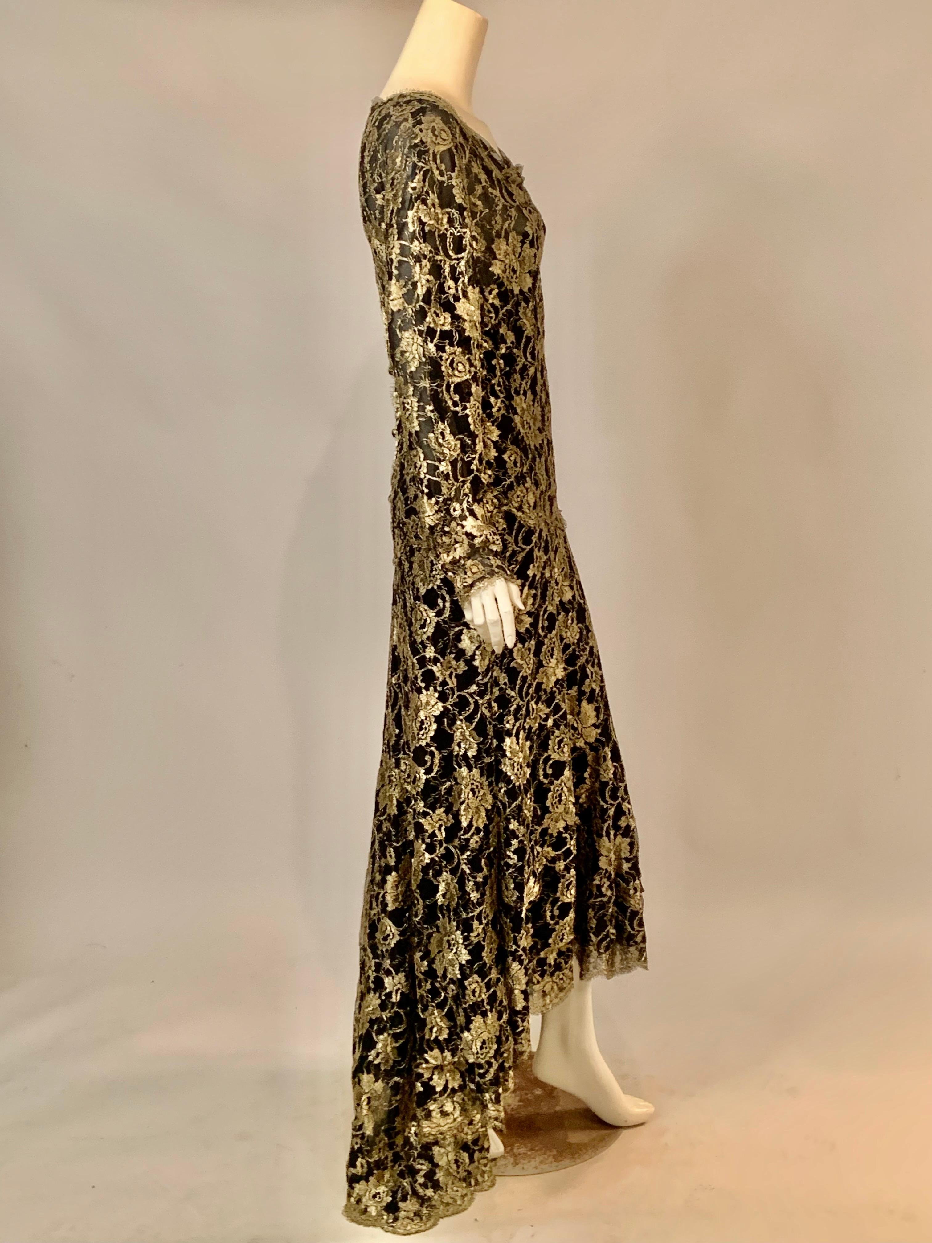1986 Chanel by Karl Lagerfeld Gold and Black Lace Gown with Train Original Tag For Sale 12