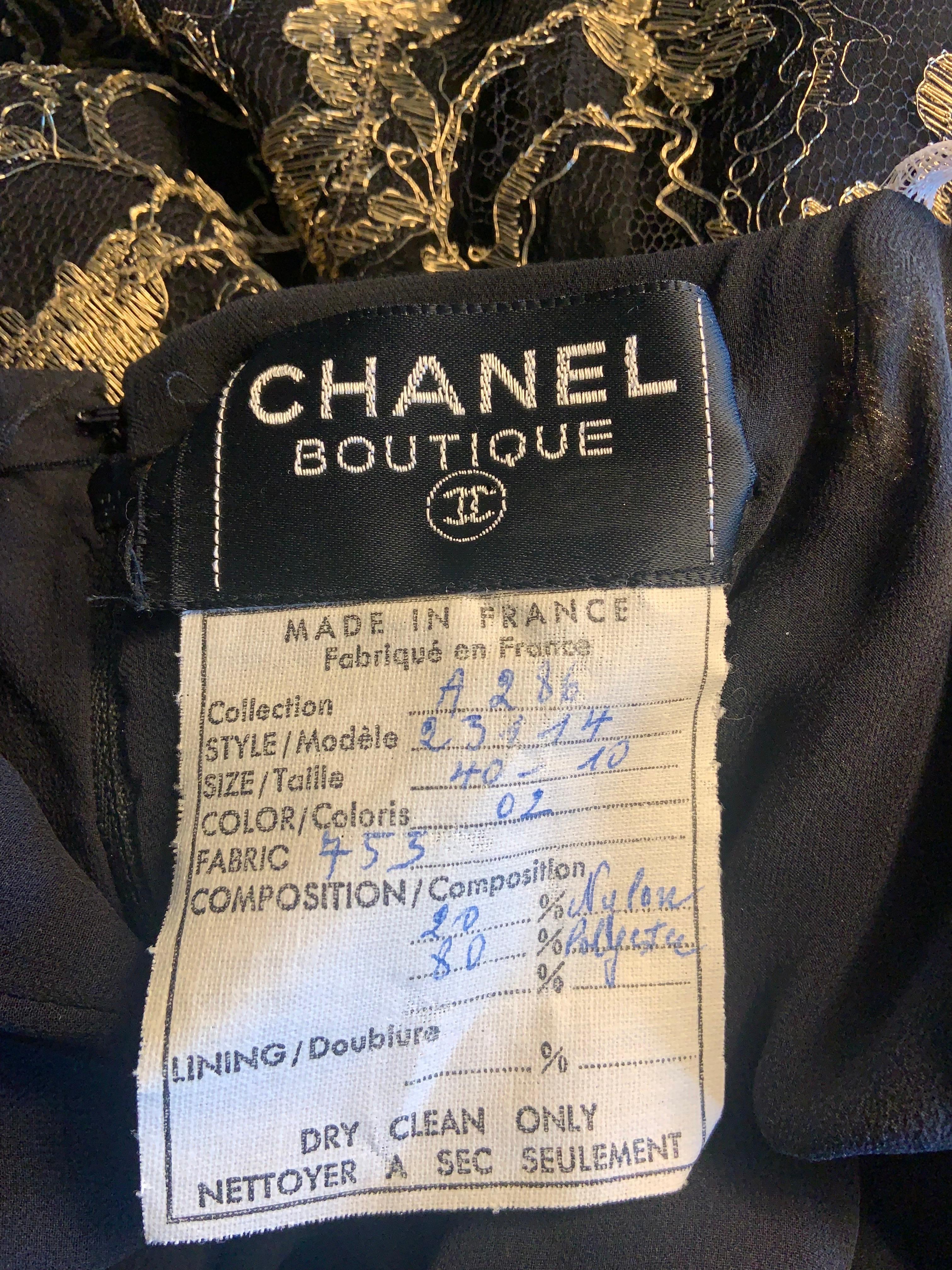 1986 Chanel by Karl Lagerfeld Gold and Black Lace Gown with Train Original Tag For Sale 14