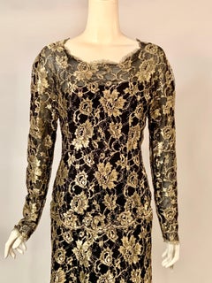 1986 Chanel by Karl Lagerfeld Gold and Black Lace Gown with Train Original Tag