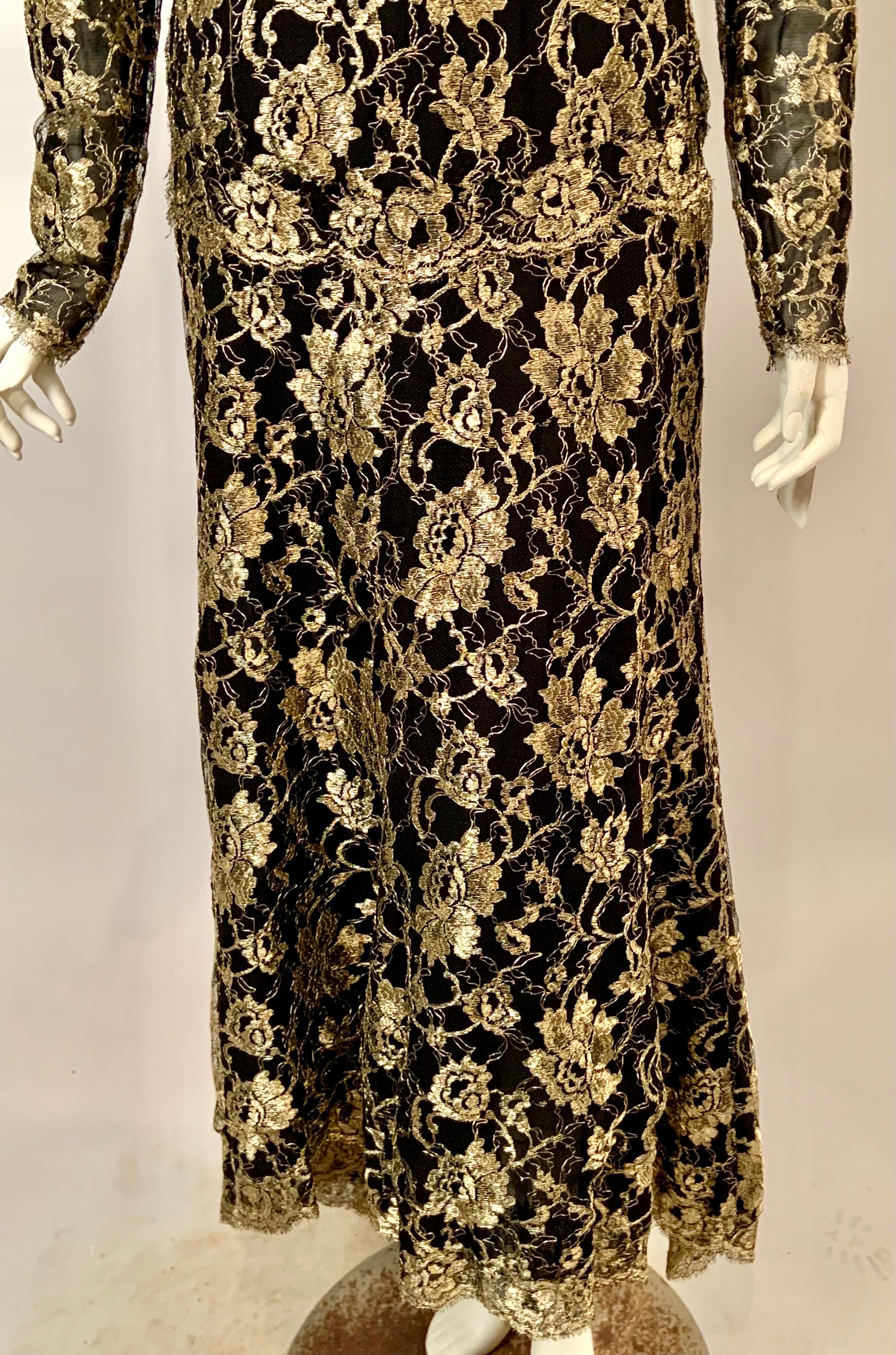 Brown 1986 Chanel by Karl Lagerfeld Gold and Black Lace Gown with Train Original Tag For Sale