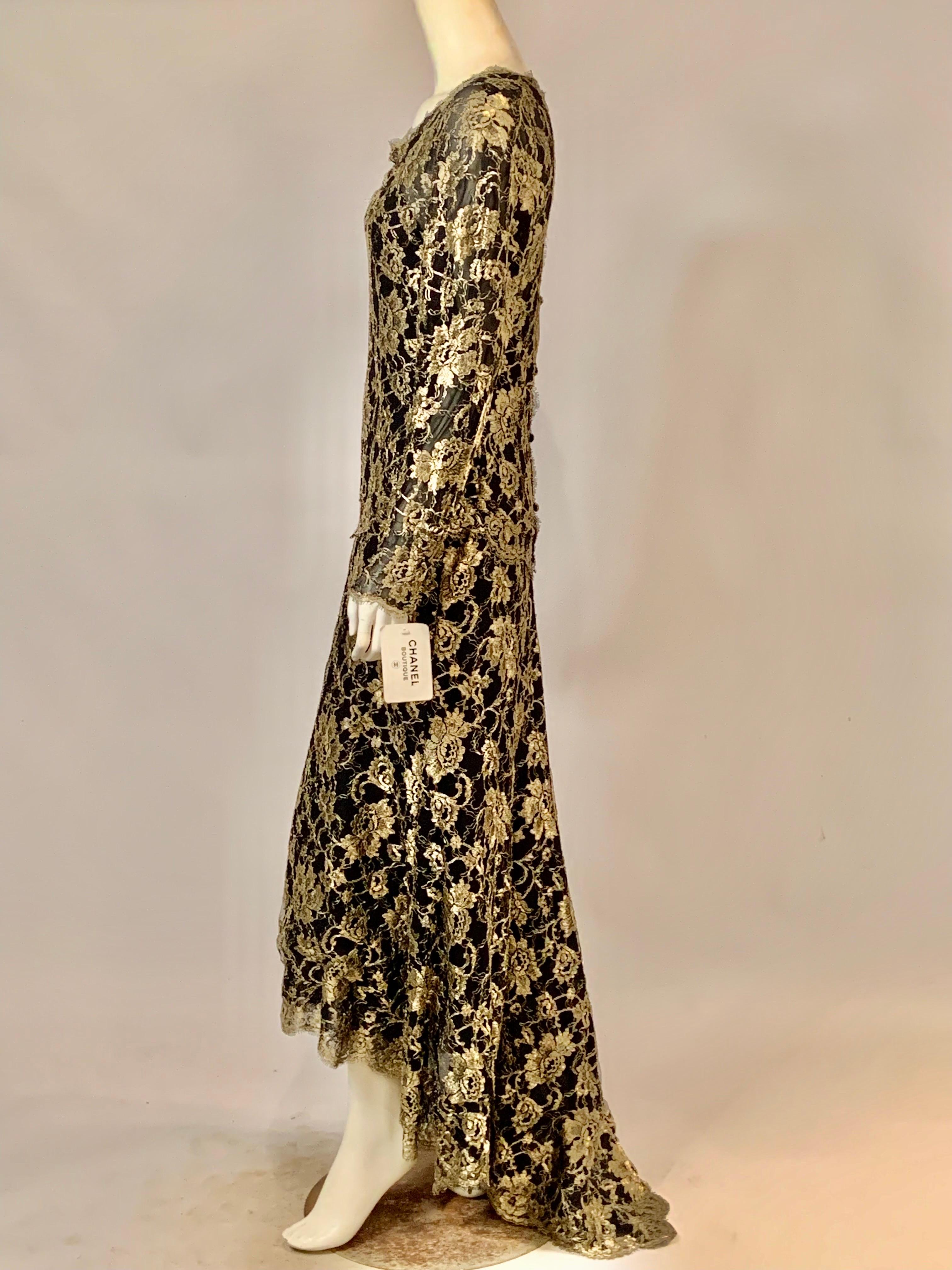 1986 Chanel by Karl Lagerfeld Gold and Black Lace Gown with Train Original Tag For Sale 2