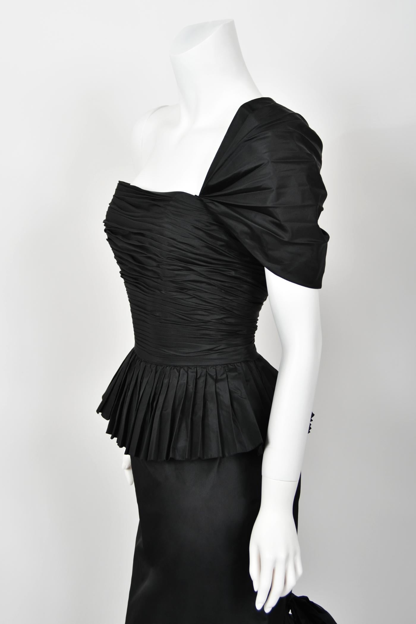 1986 Chanel Documented Runway Black Pleated Silk One-Shoulder Hourglass Gown 6