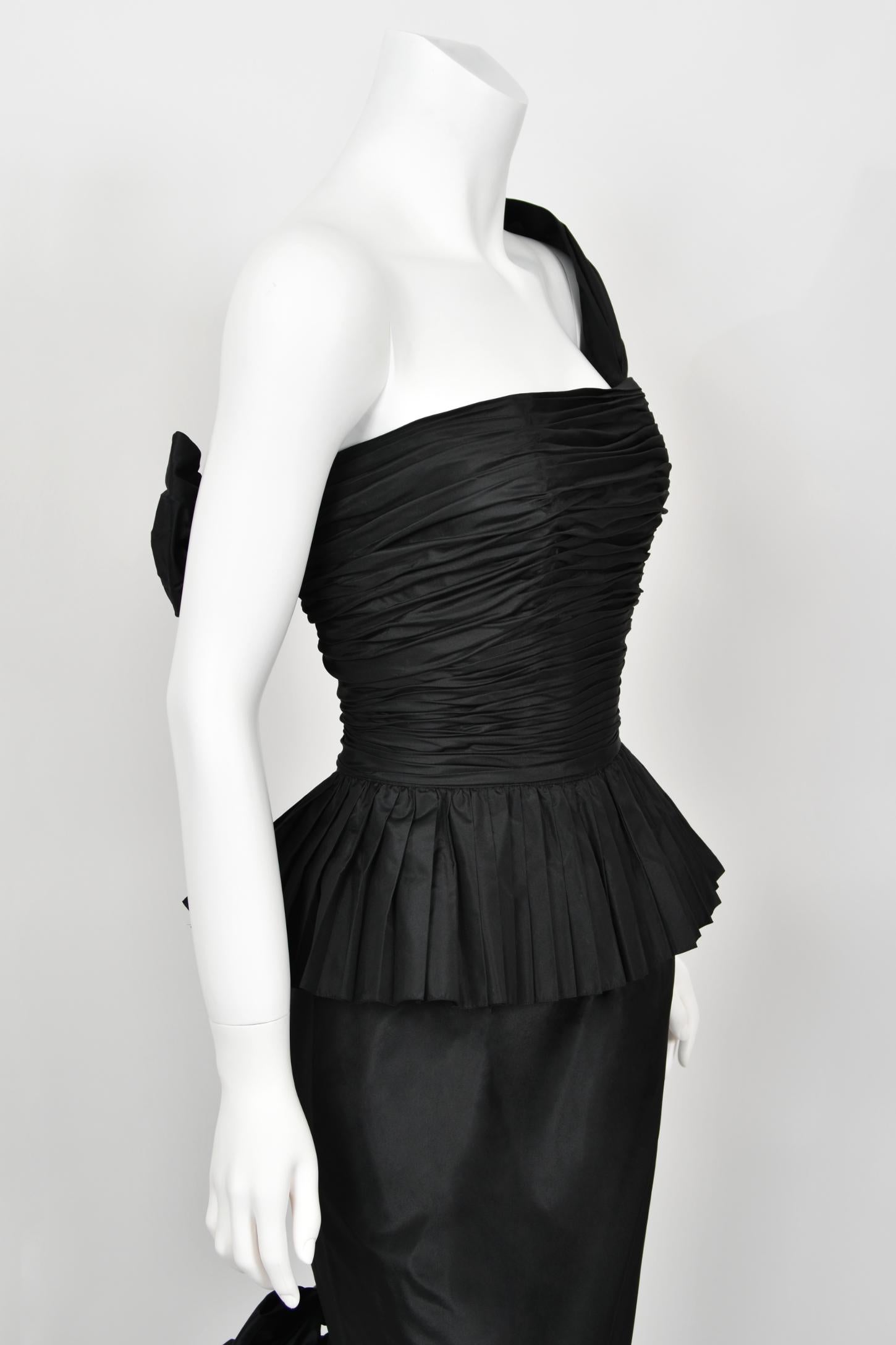 1986 Chanel Documented Runway Black Pleated Silk One-Shoulder Hourglass Gown 8