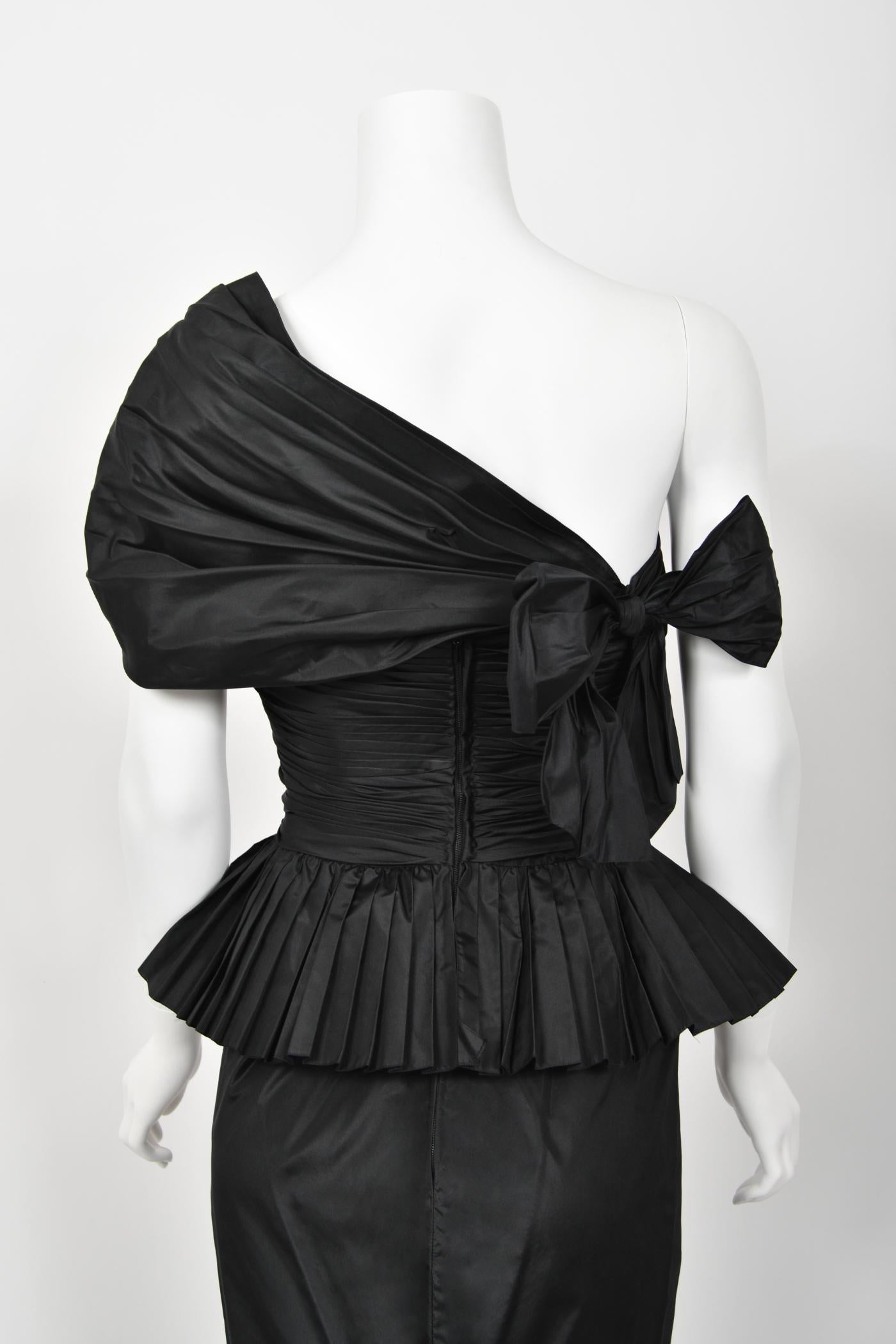 1986 Chanel Documented Runway Black Pleated Silk One-Shoulder Hourglass Gown 11