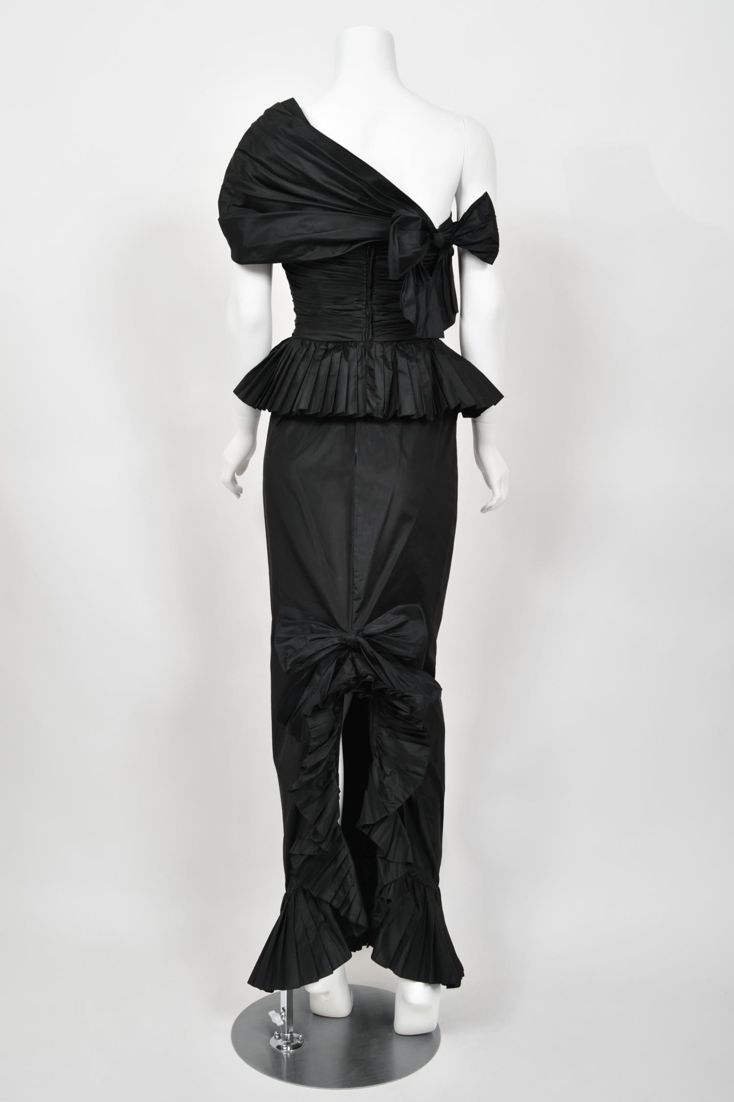 1986 Chanel Documented Runway Black Pleated Silk One-Shoulder Hourglass Gown 12