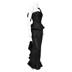 Vintage 1986 Chanel Documented Runway Black Pleated Silk One-Shoulder Hourglass Gown 
