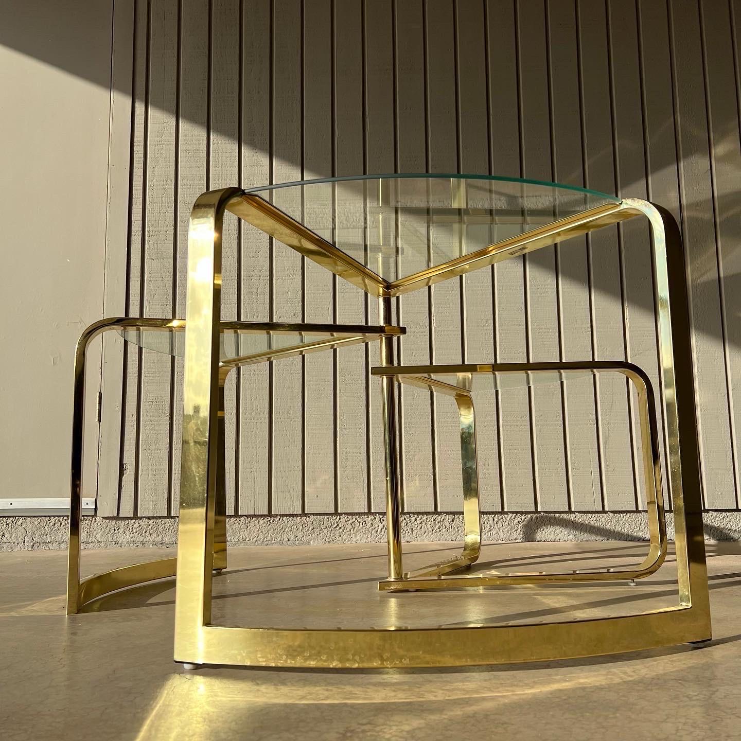Post-Modern 1986 Fan Nesting Table by DIA (Design Institute America) 3 tier glass and brass For Sale