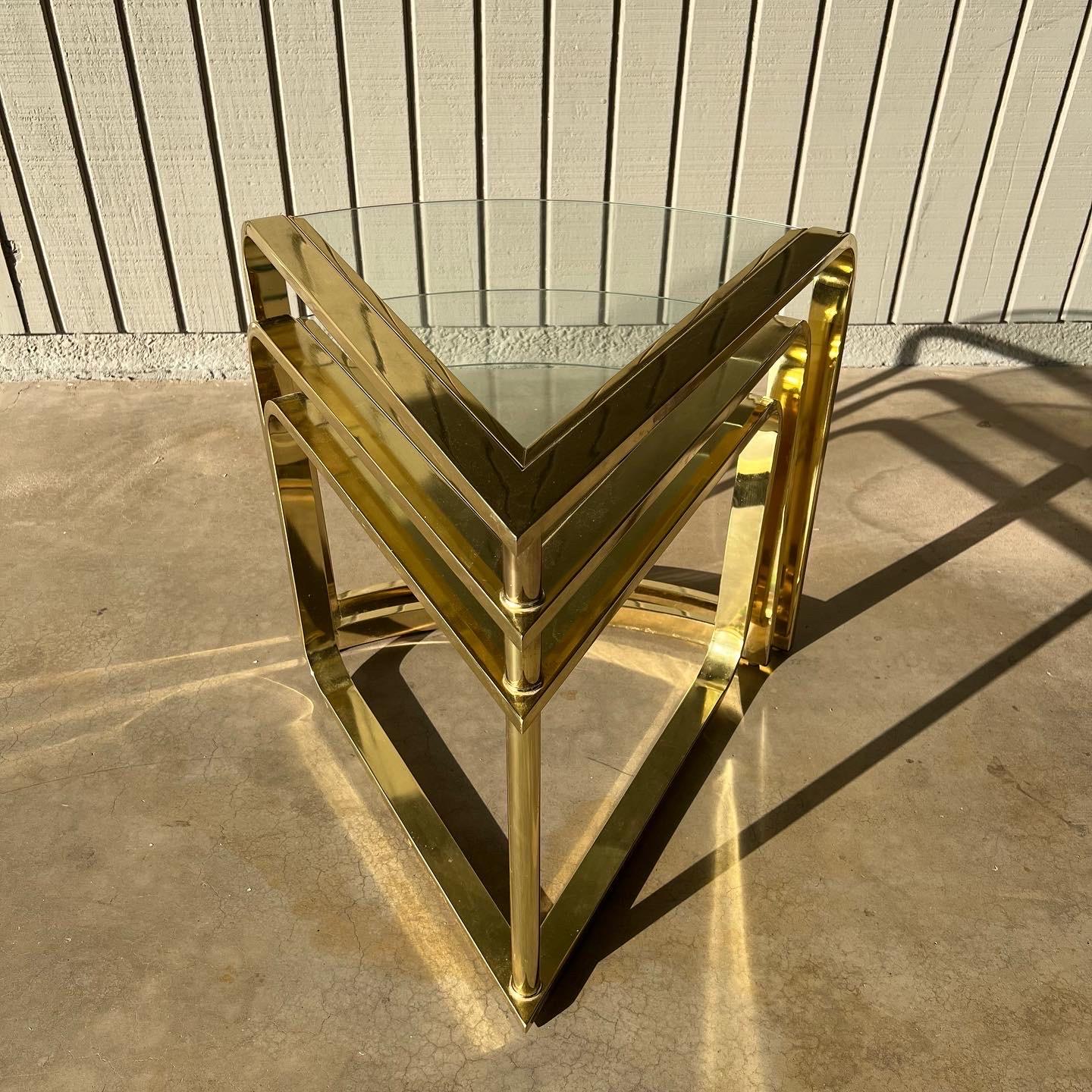 Late 20th Century 1986 Fan Nesting Table by DIA (Design Institute America) 3 tier glass and brass For Sale