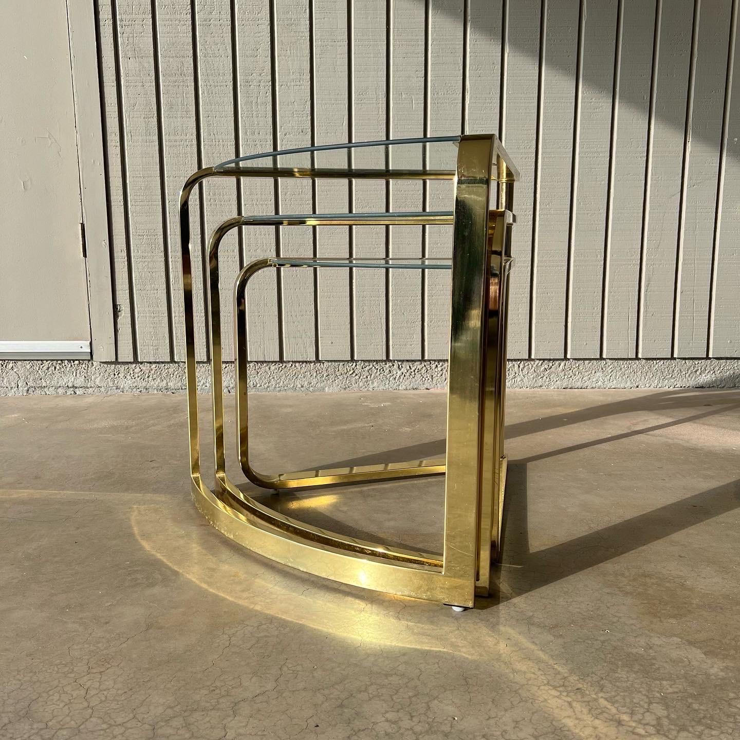 Brass 1986 Fan Nesting Table by DIA (Design Institute America) 3 tier glass and brass For Sale