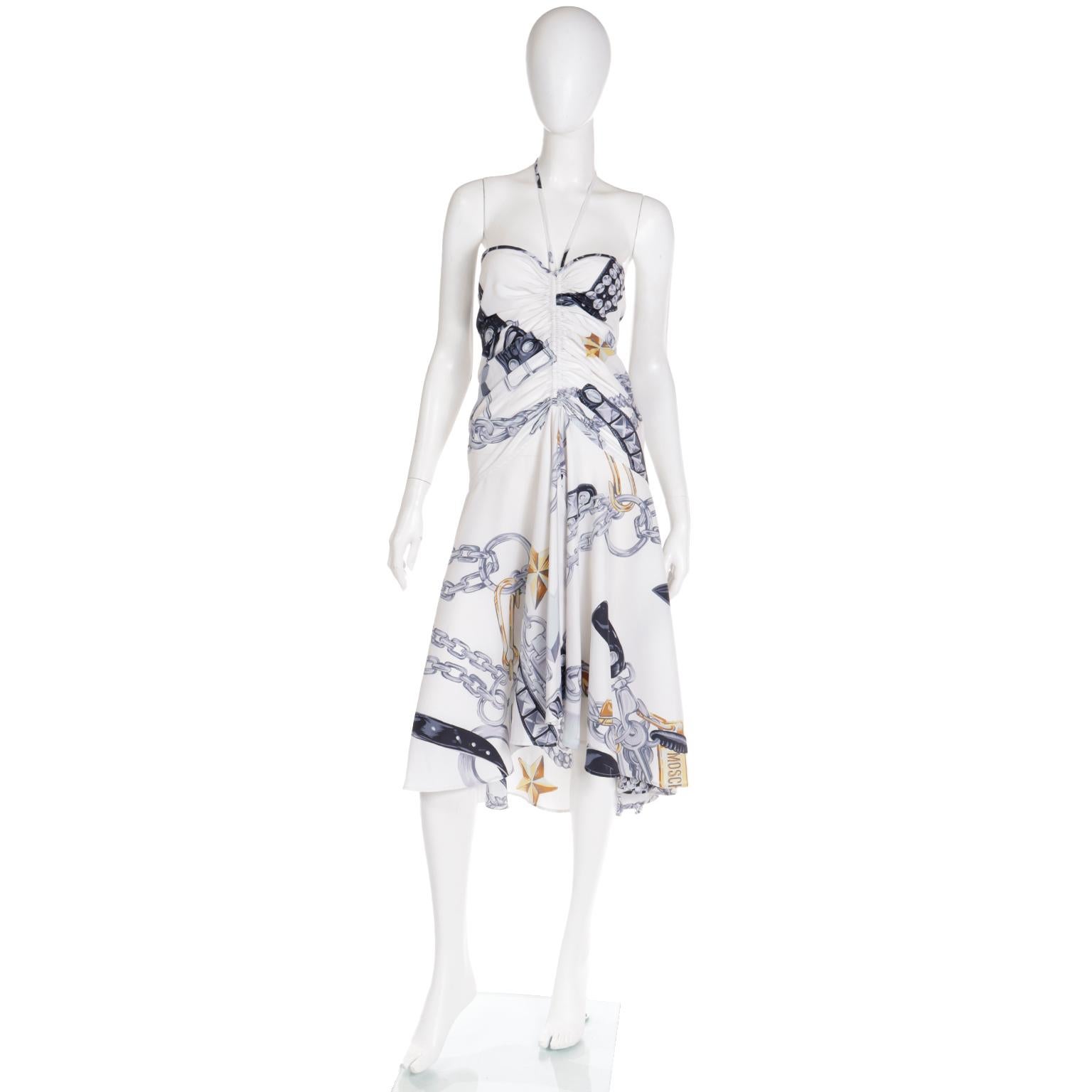 Gray 1986 Franco Moschino Milan Vintage Leather Chains Western Runway Halter Dress For Sale