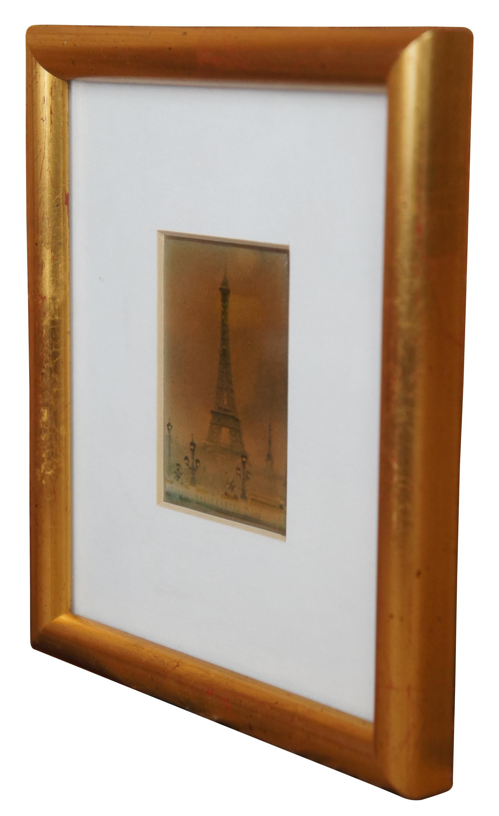 French Provincial 1986 French Artisan Enameled Ceramic Eiffel Tower Tile Paris Gilt Frame