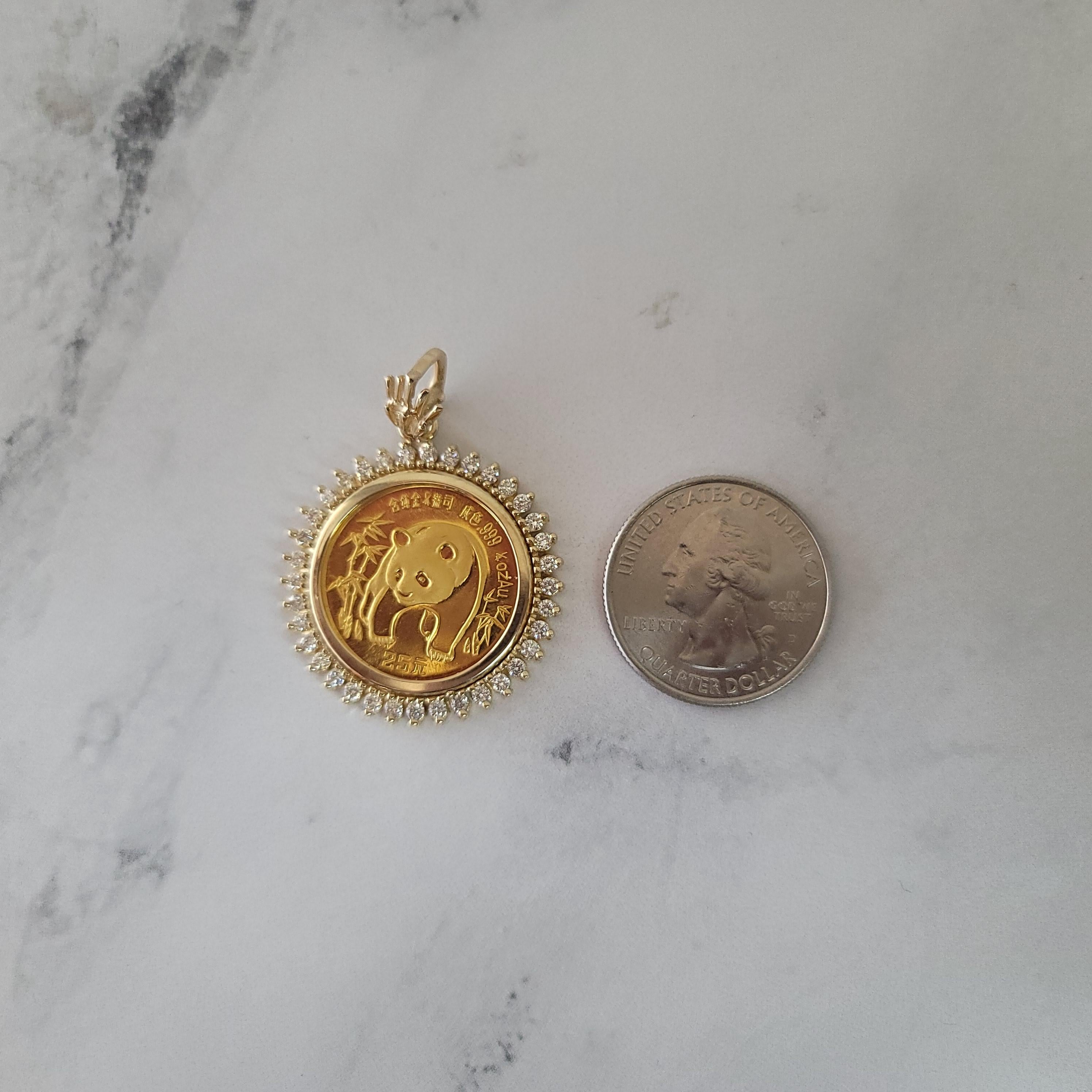 Round Cut 1986 Gold Panda Coin Necklace with Diamond Halo For Sale