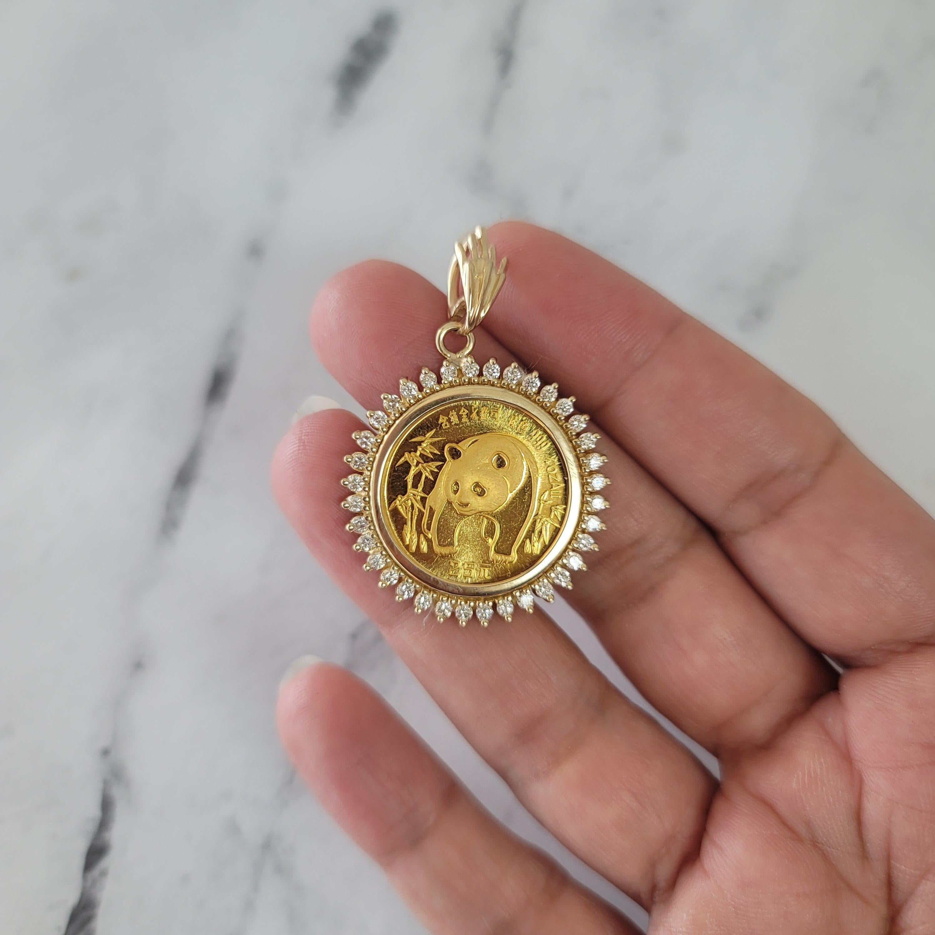 Women's or Men's 1986 Gold Panda Coin Necklace with Diamond Halo For Sale