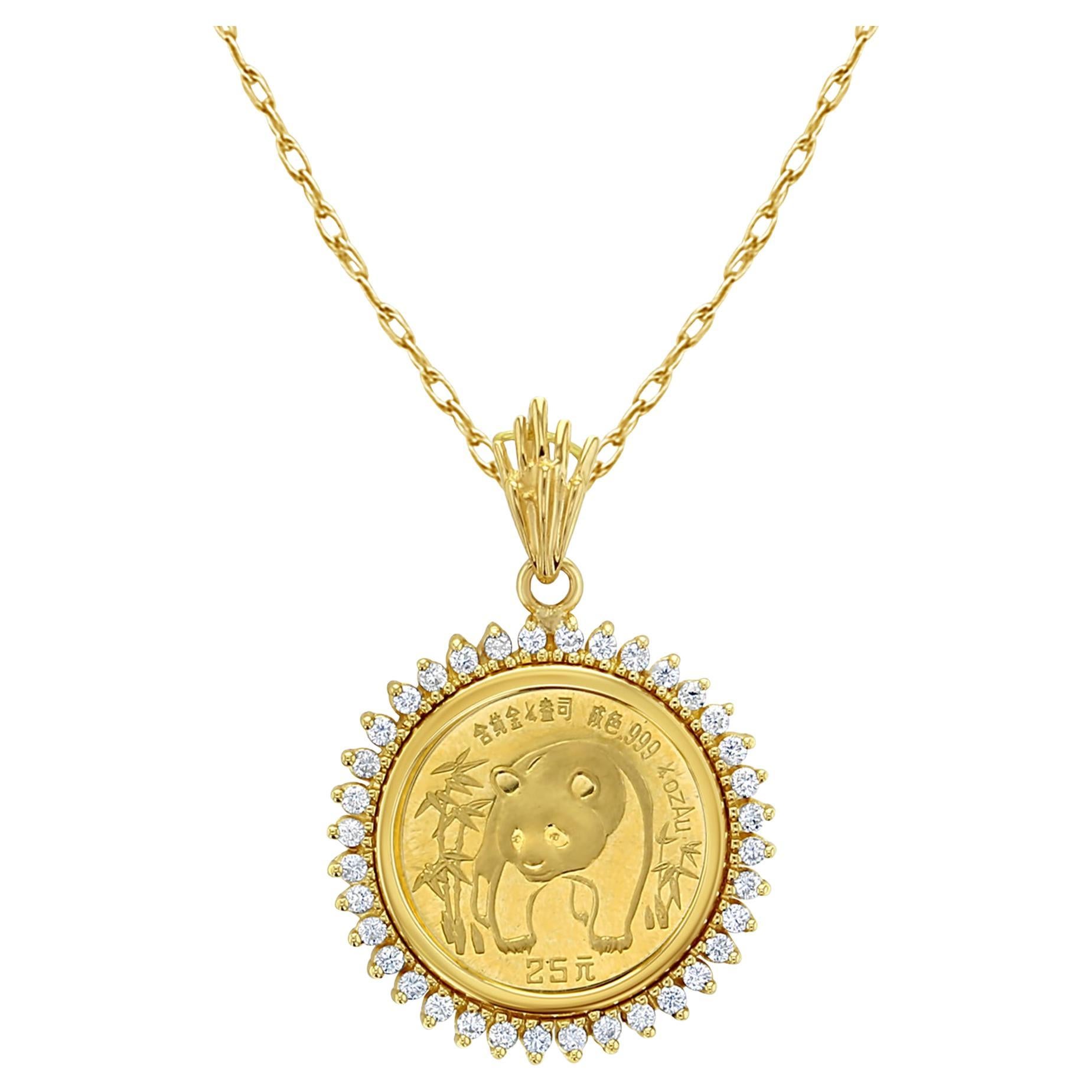 1986 Gold Panda Coin Necklace with Diamond Halo For Sale