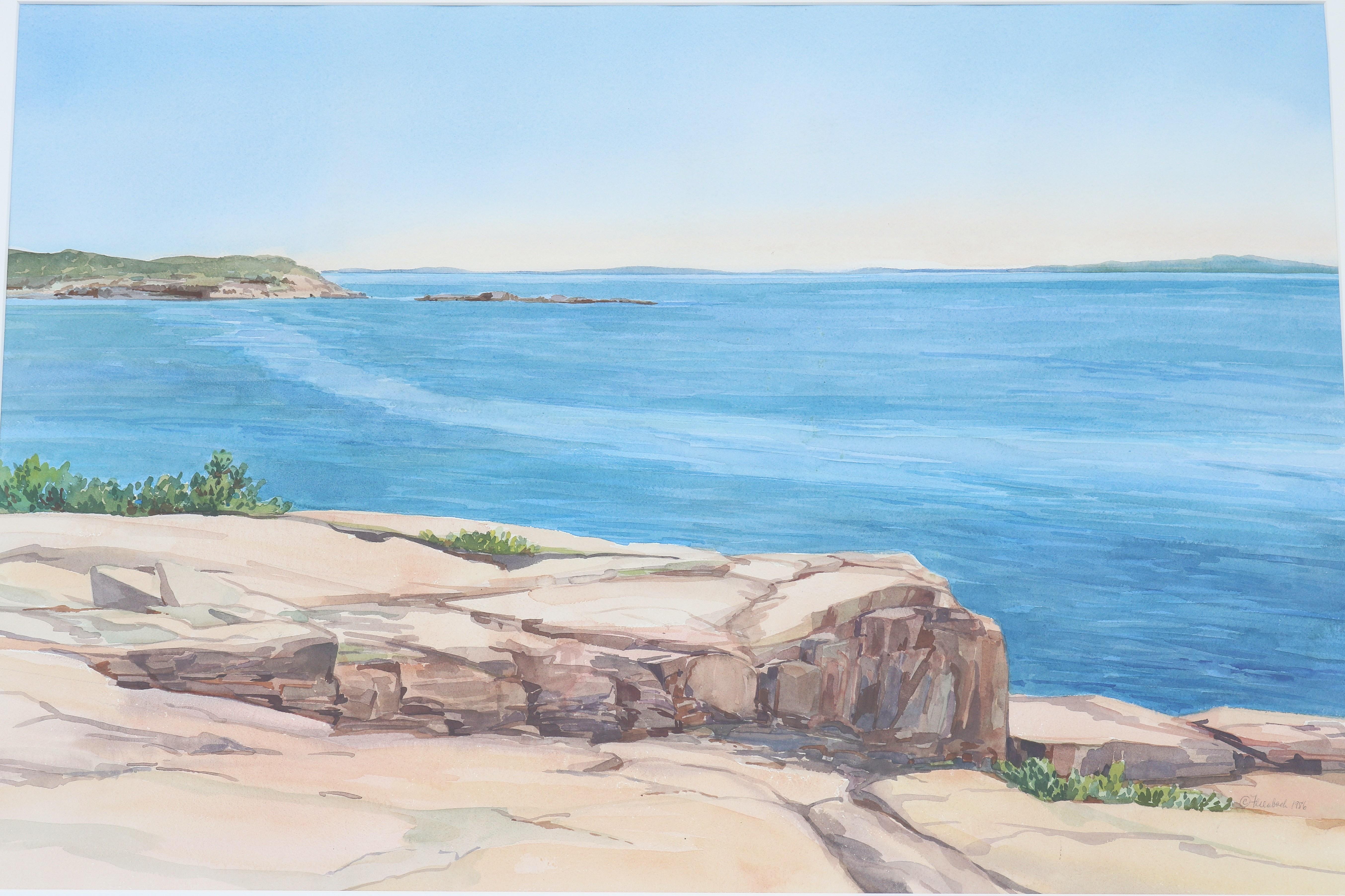 1986 Hannah Ferenbach Rocky Coastal Seascape Aquarell Gemälde One-of-a-Kind (Moderne) im Angebot