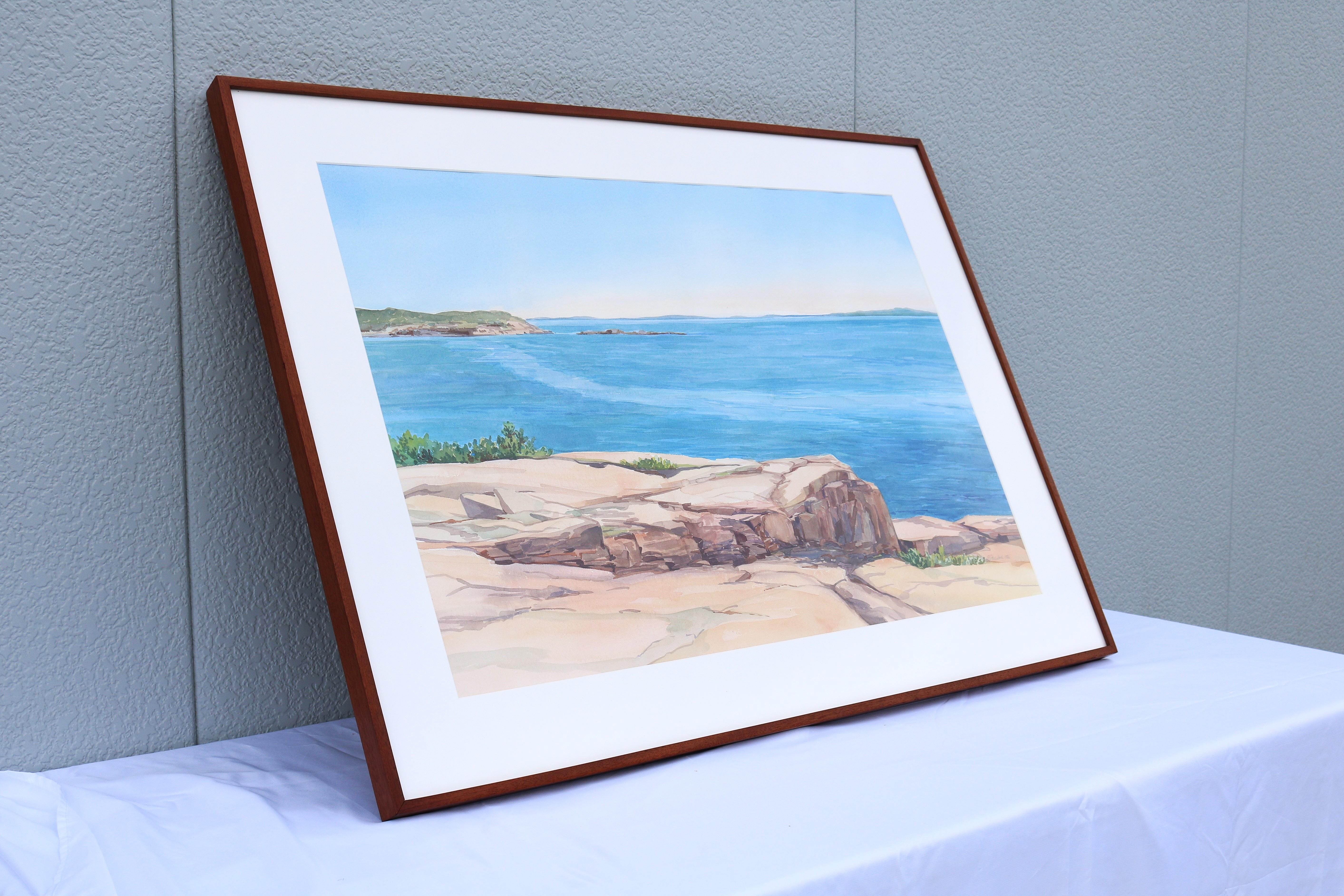 1986 Hannah Ferenbach Rocky Coastal Seascape Aquarell Gemälde One-of-a-Kind (Plexiglas) im Angebot