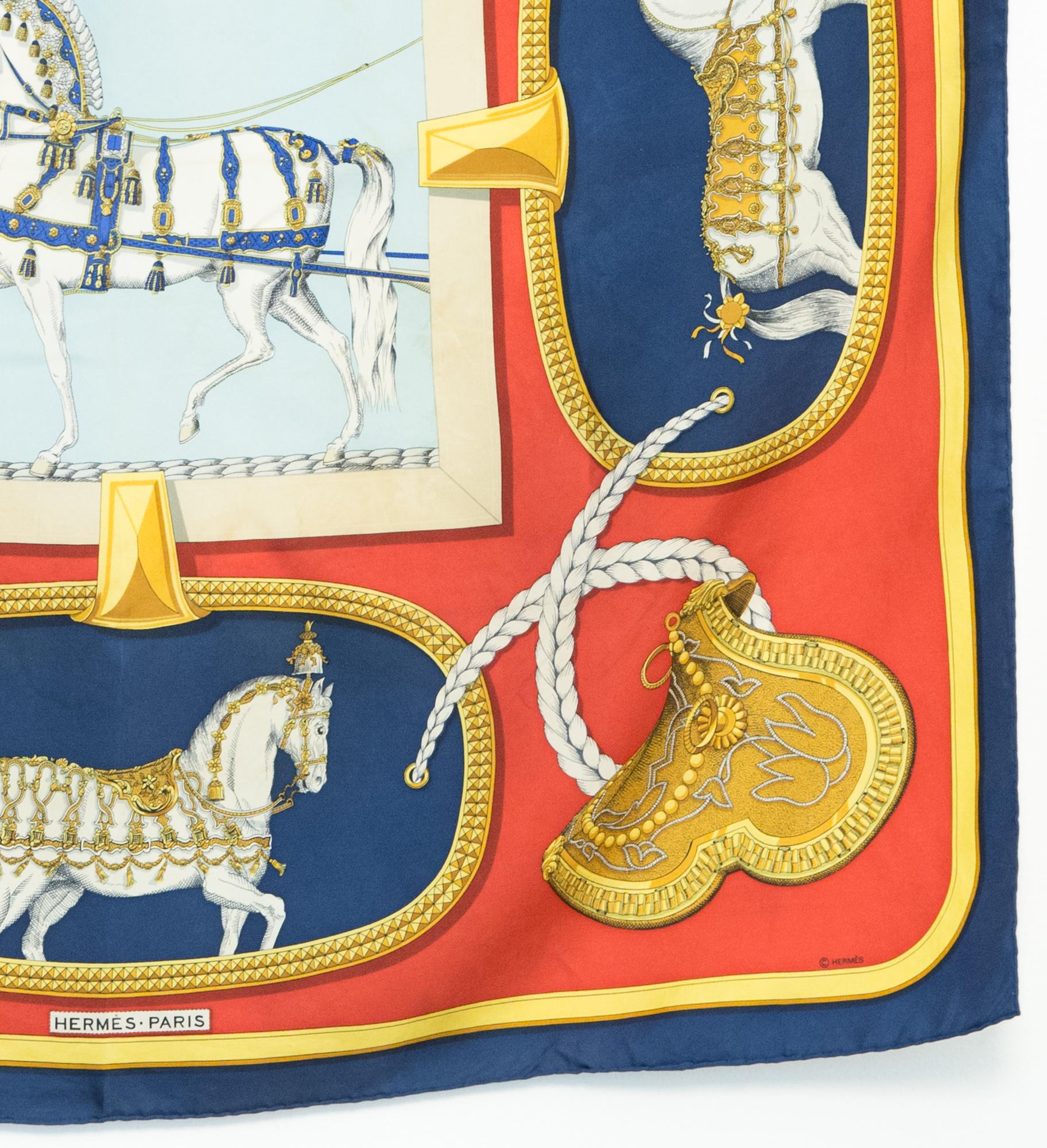 1986 Hermes Red and blue Grand Apparat by Jacques Eudel Silk Scarf In Good Condition In Paris, FR