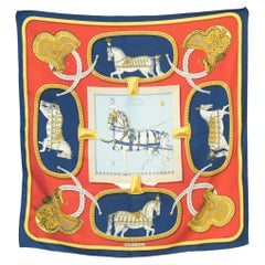 1986 Hermes Red and blue Grand Apparat by Jacques Eudel Silk Scarf