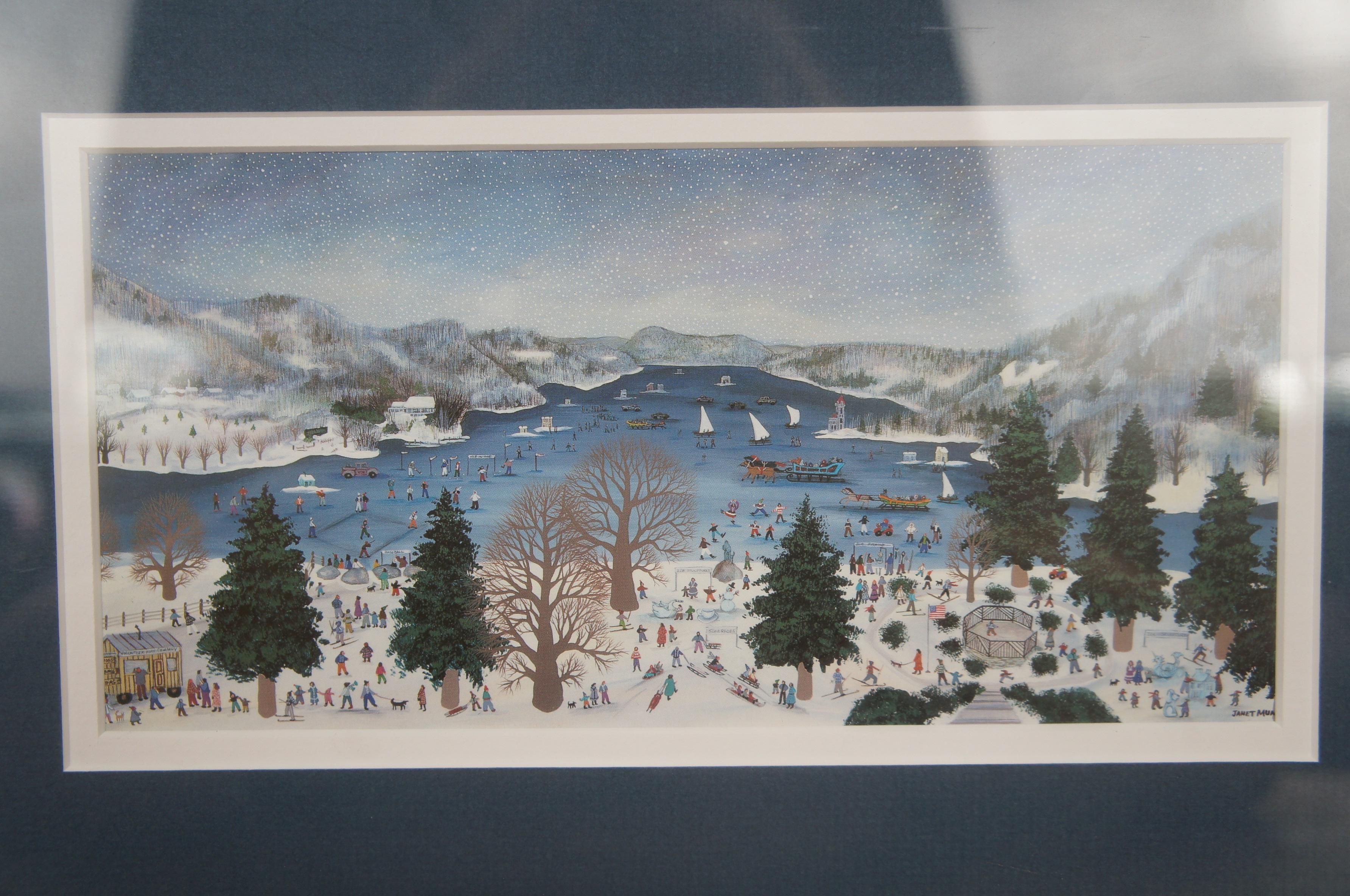 1986 Janet Munro Mixed Media Winter Carnival Frozen Lake Snow Landscape 4