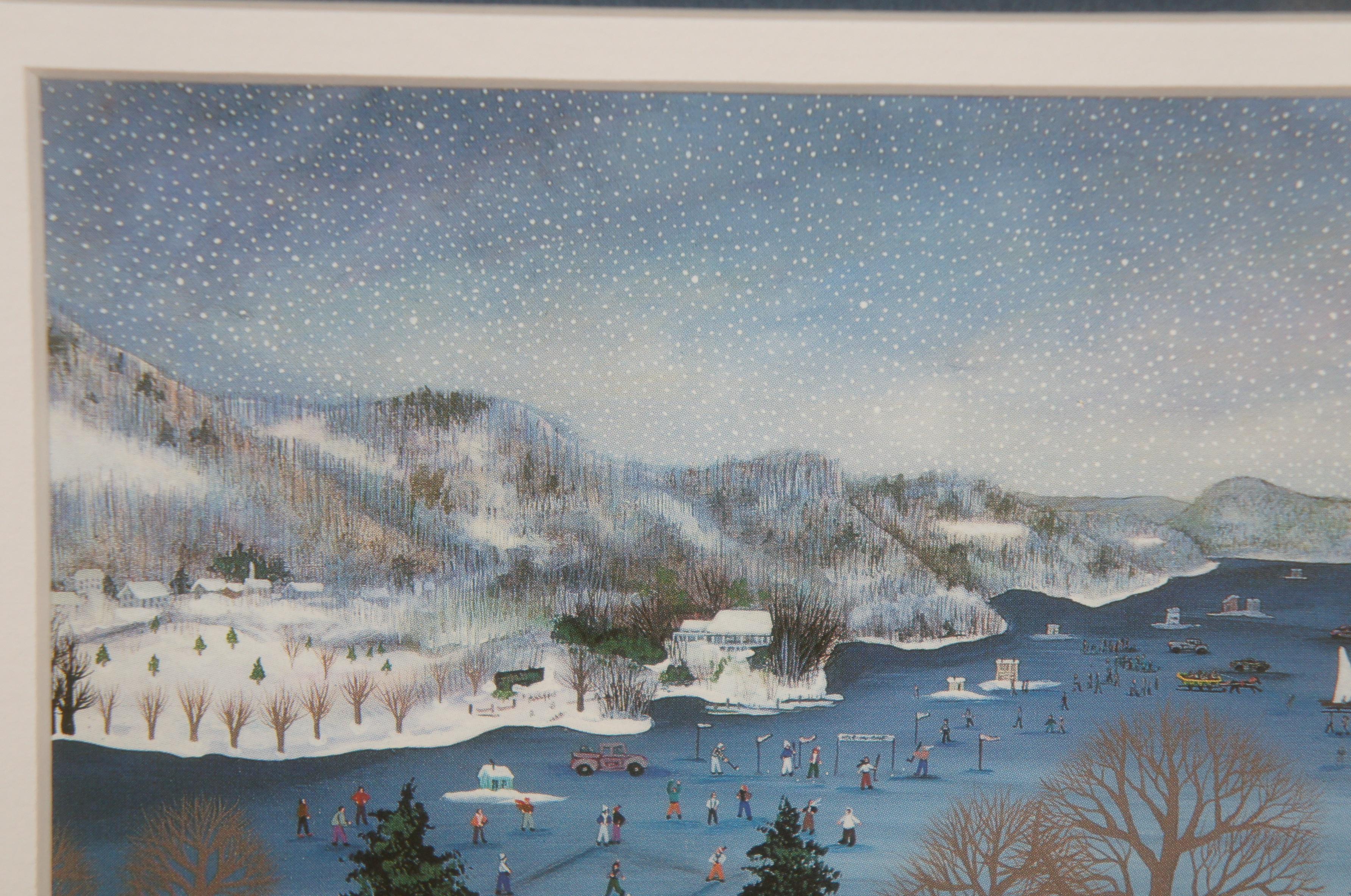 1986 Janet Munro Mixed Media Winter Carnival Frozen Lake Snow Landscape 5
