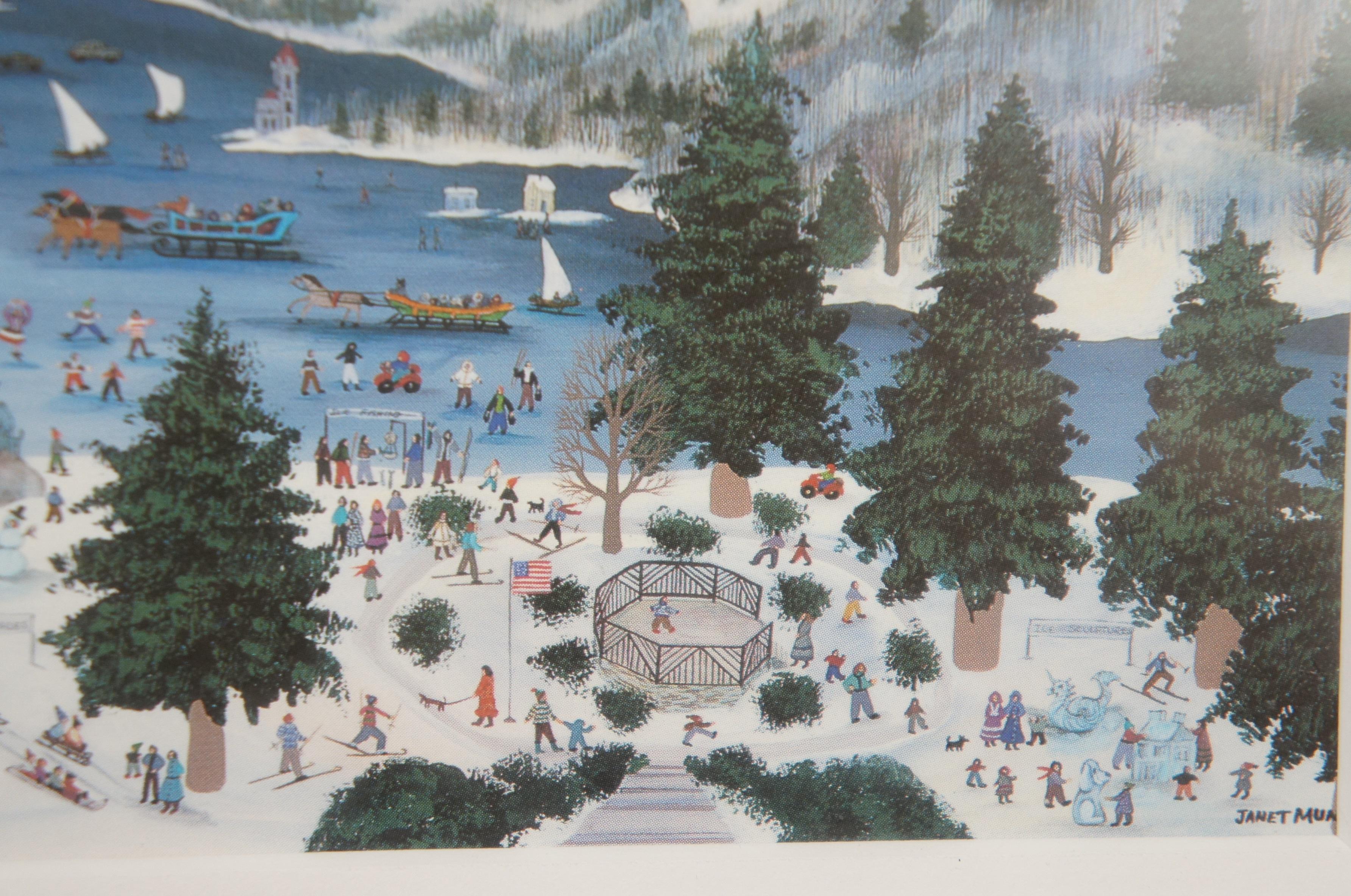 1986 Janet Munro Mixed Media Winter Carnival Frozen Lake Snow Landscape 6