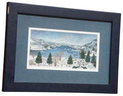 1986 Janet Munro Mixed Media Winter Carnival Frozen Lake Snow Landscape