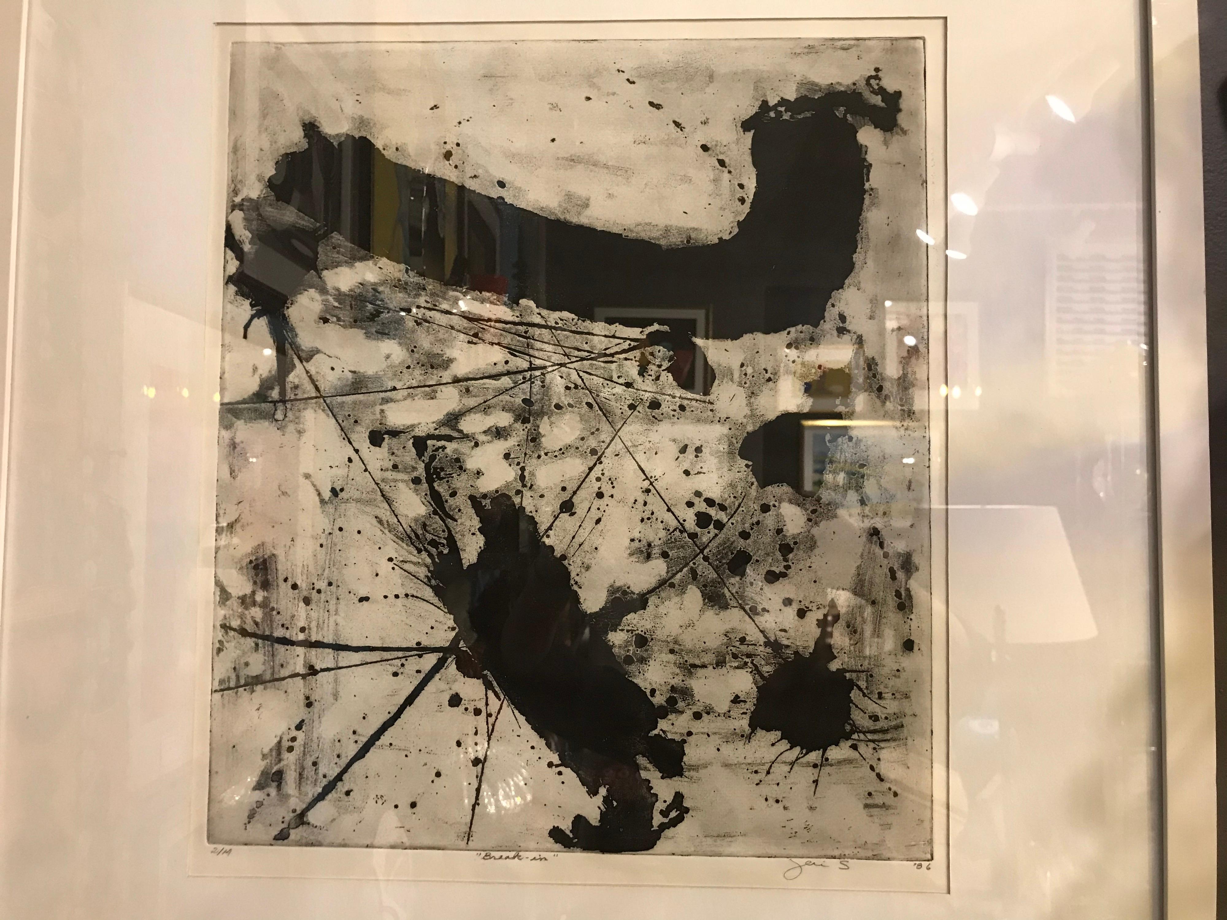 This black and white abstract watercolor was done by the Ohio artist Jeri Summers in 1986 and it’s in its original frame Titled 