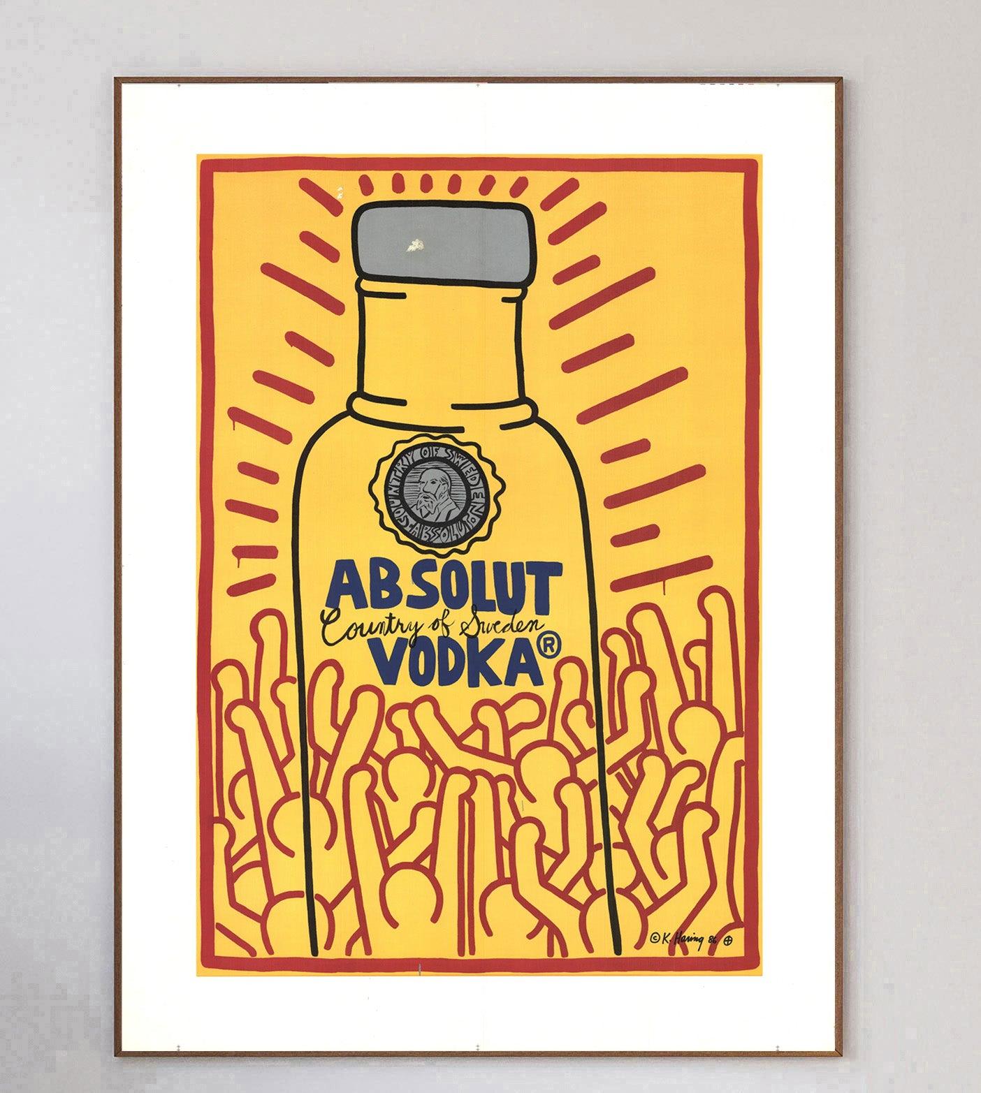 Die ikonische Alkoholmarke Absolut Vodka beauftragte Keith Haring 1986 mit der Gestaltung einer Reihe von Plakaten und Anzeigen. Das Ergebnis ist dieses atemberaubende lithografische Werk mit den typischen Haring-Markenzeichen in leuchtenden Farben.