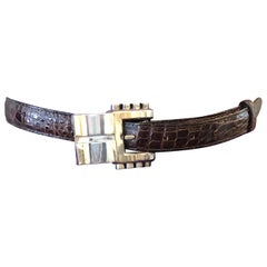 Kieselstein-Cord Ceinture en alligator marron avec boucle en argent sterling 925, 1986