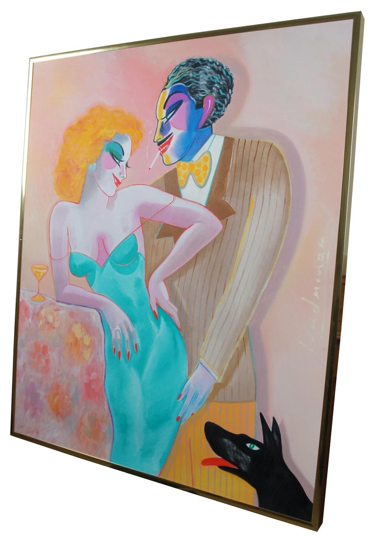 1986 lets fall in love by Earl Linderman b.1931 Art Deco style oil painting, measures: 49