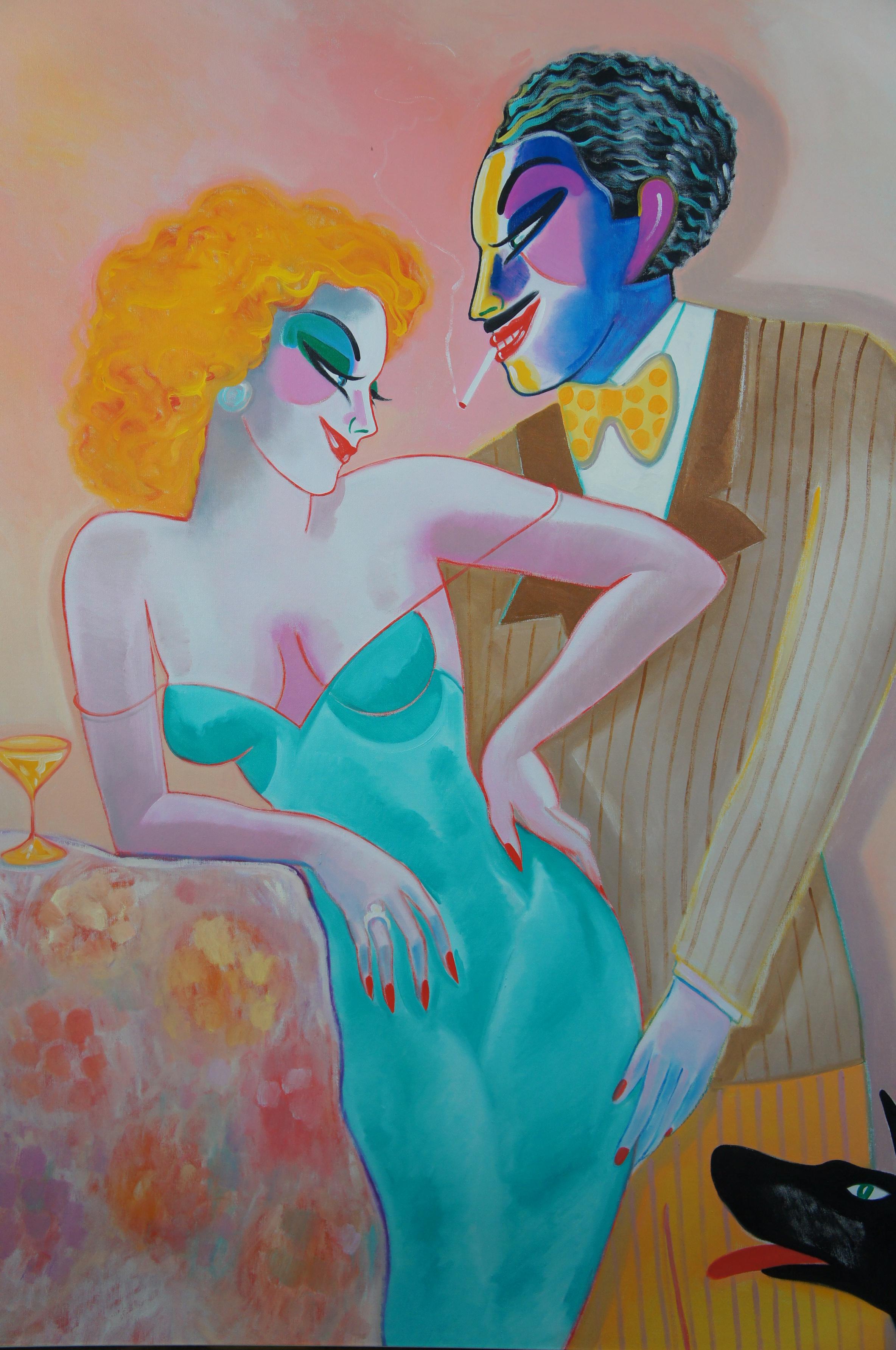 1986 Lets Fall in Love von Earl Linderman Art Deco Stil Ölgemälde (Ende des 20. Jahrhunderts) im Angebot